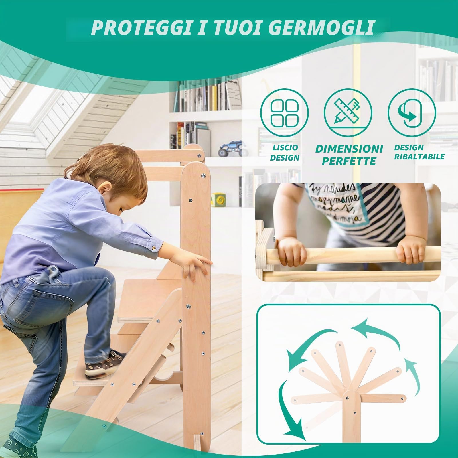 Torre Montessoriana Bambini, Torre di Apprendimento Pieghevole, Torre Montessoriana Regolabile in Altezza (2 Livelli), Capacità di carico 50 kg con Base Antiscivolo per 1-6 Anni (Legno Naturale)