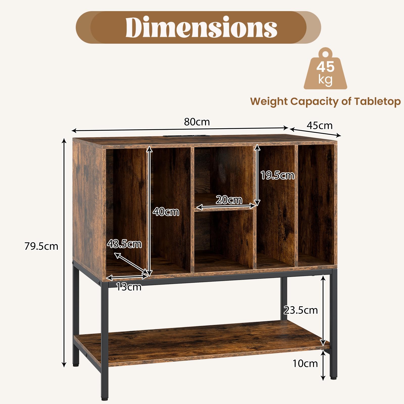 KOMFOTTEU Meuble Platine Vinyle avec Station de Charge, Support de Tourne-Disque, 80 x 45 x 79,5 cm, Industriel