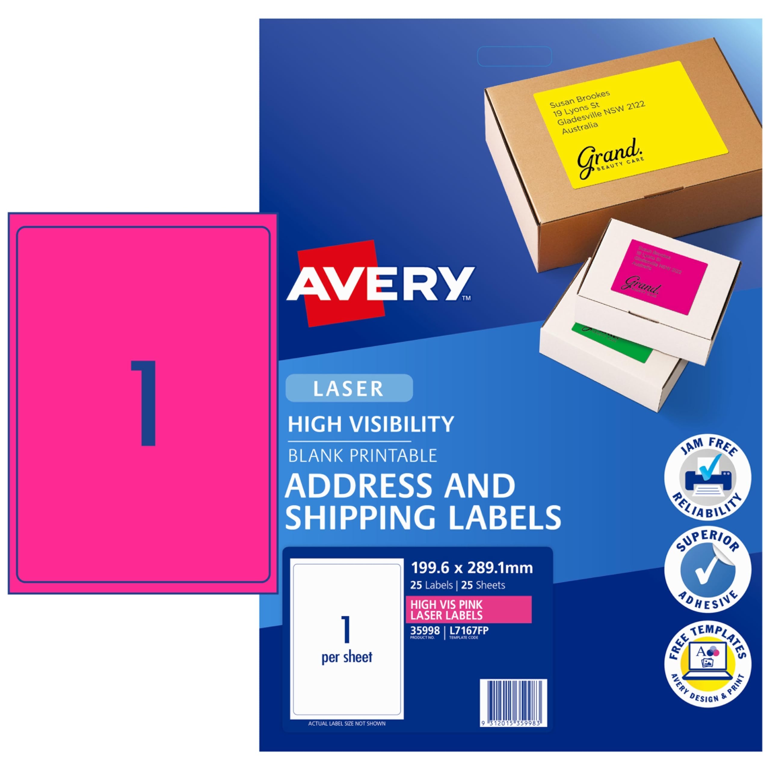 Avery L7167FP Etiquetas de envío de alta visibilidad, color rosa fluoro, 199,6 x 289,1 mm, 25 etiquetas (35998 / L7167FP)