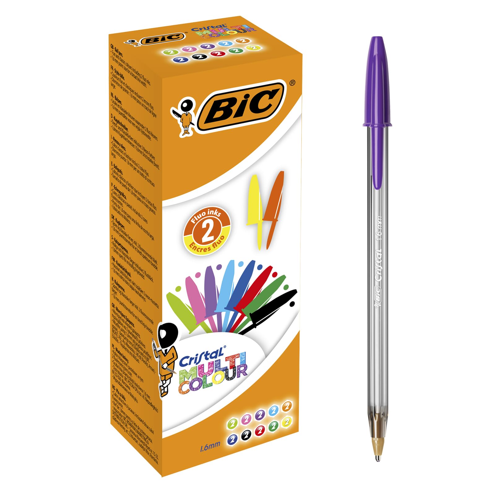 BIC Cristal Multicolour Stylos-​Bille Pointe Large (1,​6 mm) - Écriture Vive et Colorée - Couleurs Assorties, Boîte de 20