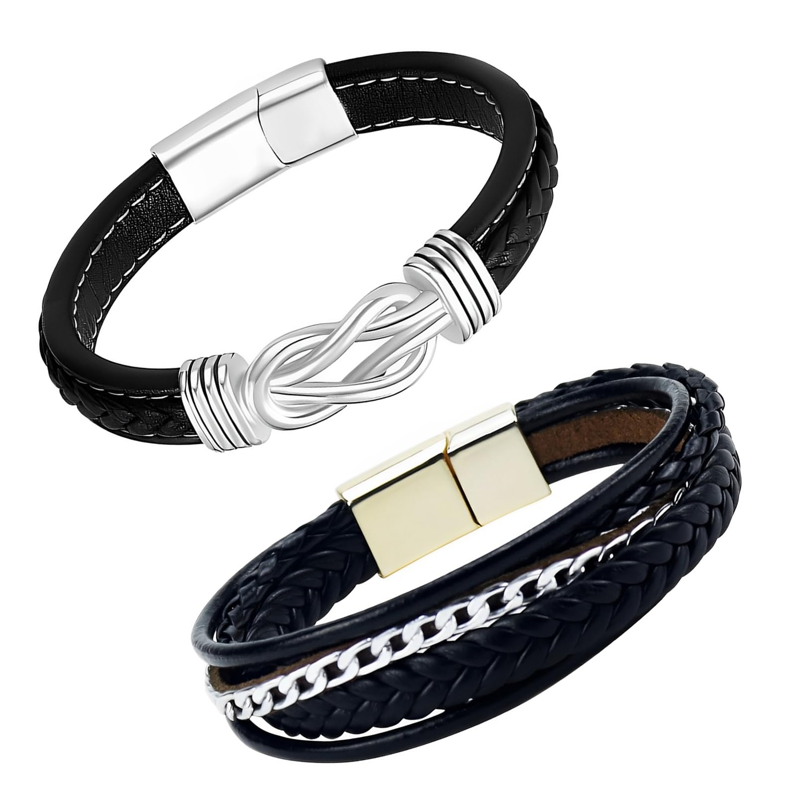 Getyjoe2 Pieza Pulsera de Cuero Hombre en Negro Pulsera Ajustable para Hombre Pulseras Tejidas a Mano Regalos para Hombres y Novios con Caja de Regalo