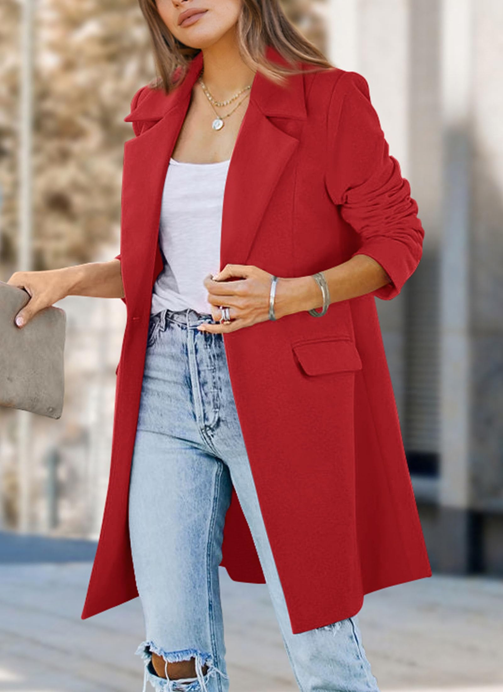 PRETTYGARDEN Women's Business Casual Long Blazer Jackets(Red,S) view 6