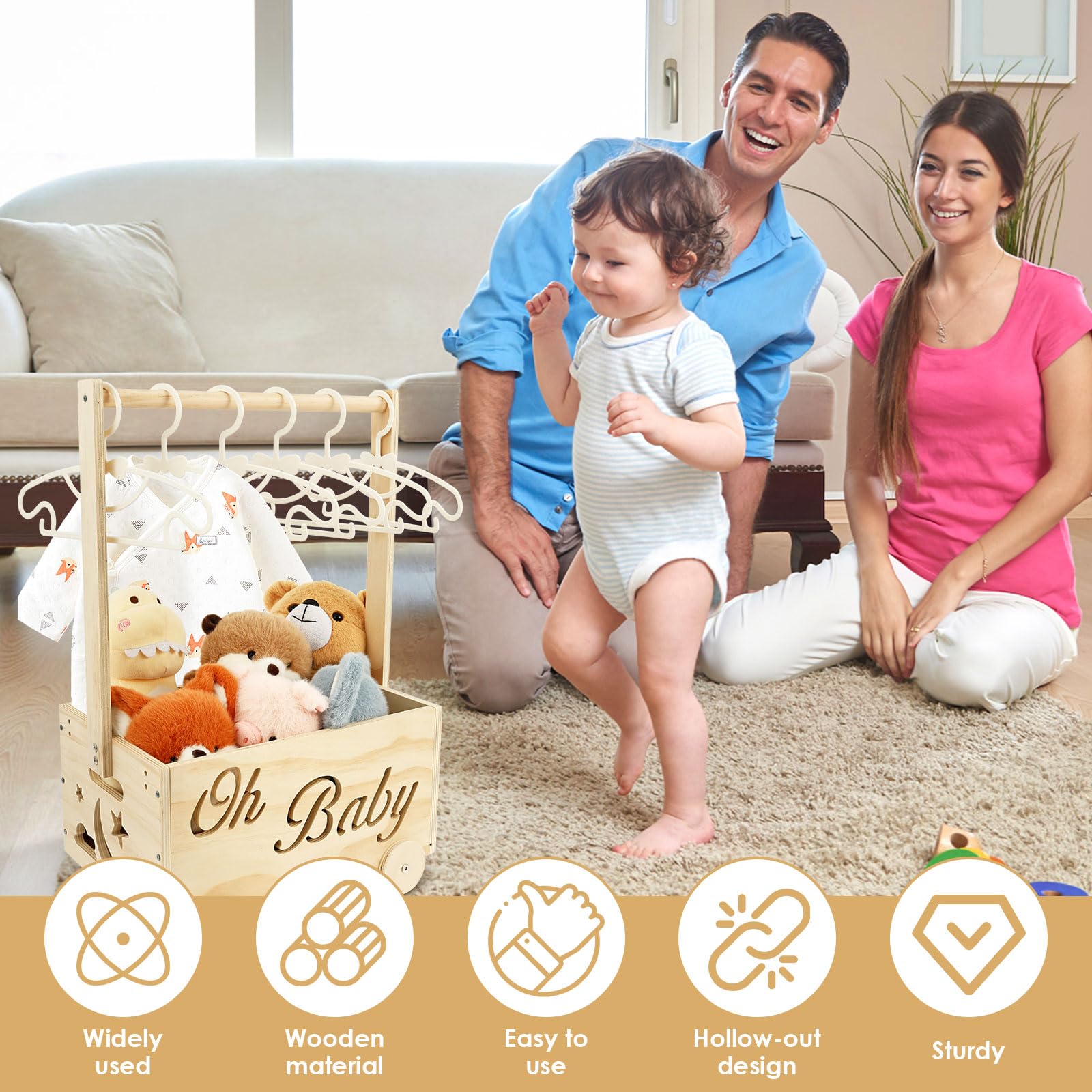 Panier cadeau pour bébé, avec poignée, 34 × 23 × 50 cm, panier cadeau pour bébé, en bois, avec 6 crochets, boîte de rangement personnalisée, cadeau de bienvenue pour nouveau-nés, garçons et filles