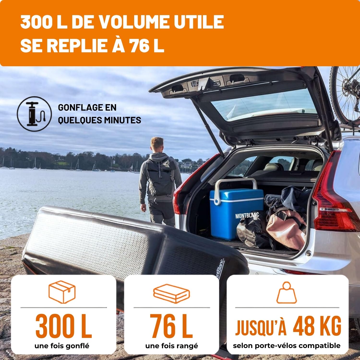 Mont Blanc Coffre d'Attelage Gonflable Senja - 76 à 300 L, Charge 48 kg