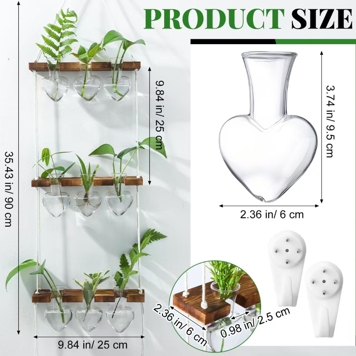 Leinuosen Wall Hanging Plant Propagation Stations Valentines Gifts for Her Plant Lovers 3 Tiered 9 Heart Shaped Glass Vases Terrarium with Wooden Stand for Hydroponics Indoor Home Decor(Clear) - Image 2