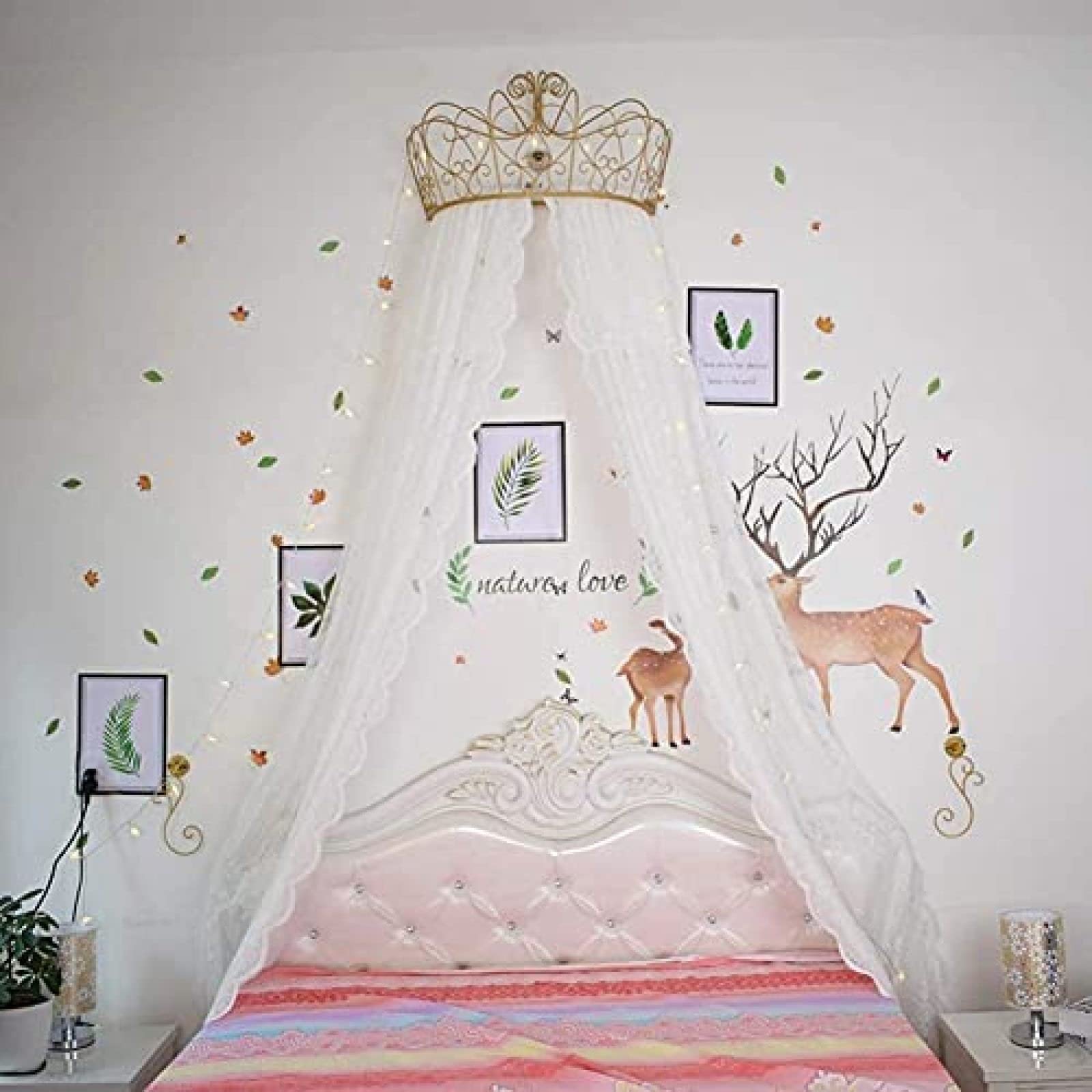 Cama con Dosel de Princesa, Cortina de Cama de Gasa de Encaje Blanco, Cortinas Decorativas, Corona de Metal con Luces de Estrellas para Dormitorio de niñas,Blanco,Cama de 1,5 m