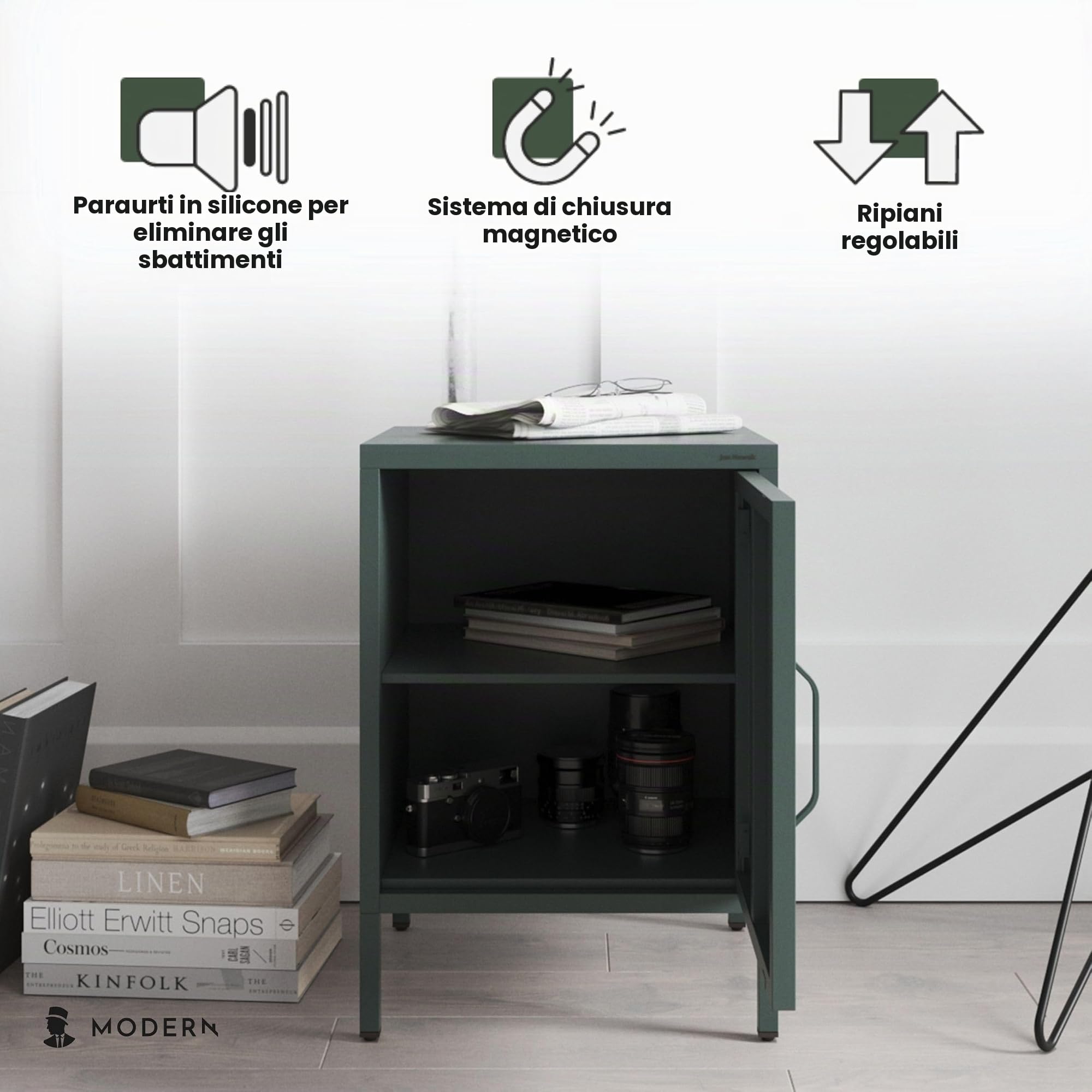 Jan Nowak Comodino Camera da Letto in Metallo - MIA | Comodino Piccolo Scintillante con 1 Ripiano Regolabile | Armadietto Moderno, Stile Industriale | 42,4 x 59,5 x 40 cm | Verde Scuro