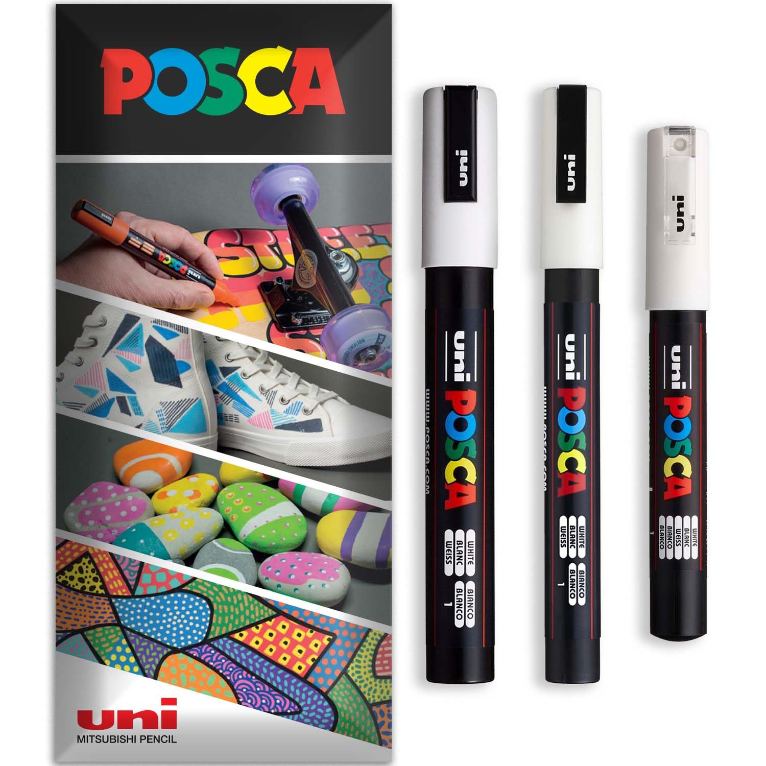 Posca - Rotulador de pintura permanente a base de agua - Uso multisuperficie - PC-1M, PC-3M, PC-5M - Juego de 3 rotuladores en estuche (blanco)