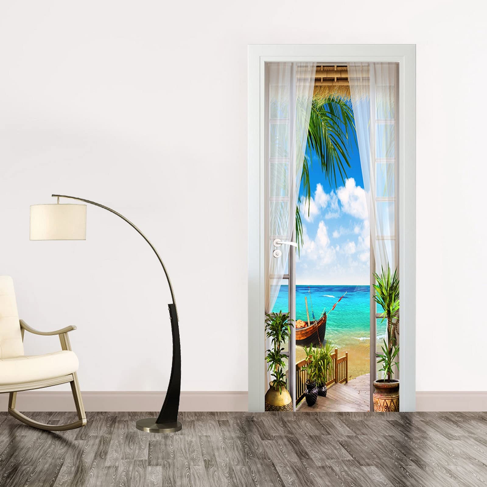 A.Monamour Adesivo Porta Autoadesiva Terrazza Vista Mare Con Tenda In Voile Bianco Spiaggia Sabbiosa Vinile PVC Adesivi per Porte 3D Pellicola Adesiva Poster Sticker Murale Parete Carta da Parati
