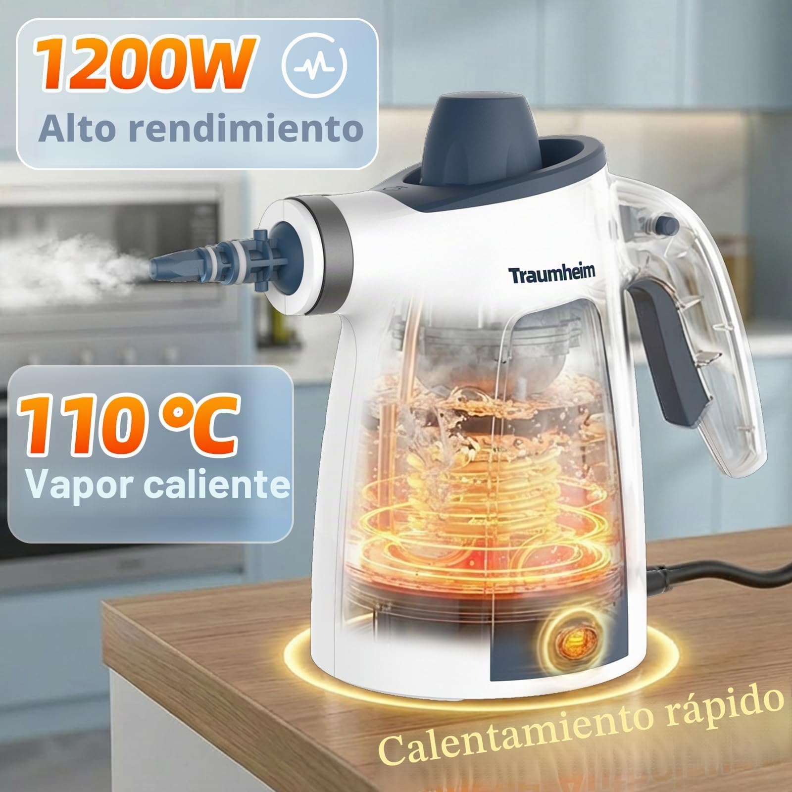 Limpiador a vapor, limpiador de vapor de mano para el hogar multiusos con accesorios de 14 piezas, 3 bares de presión de vapor 350 ml, 1200 W, limpiador de vapor sin químicos, limpieza de