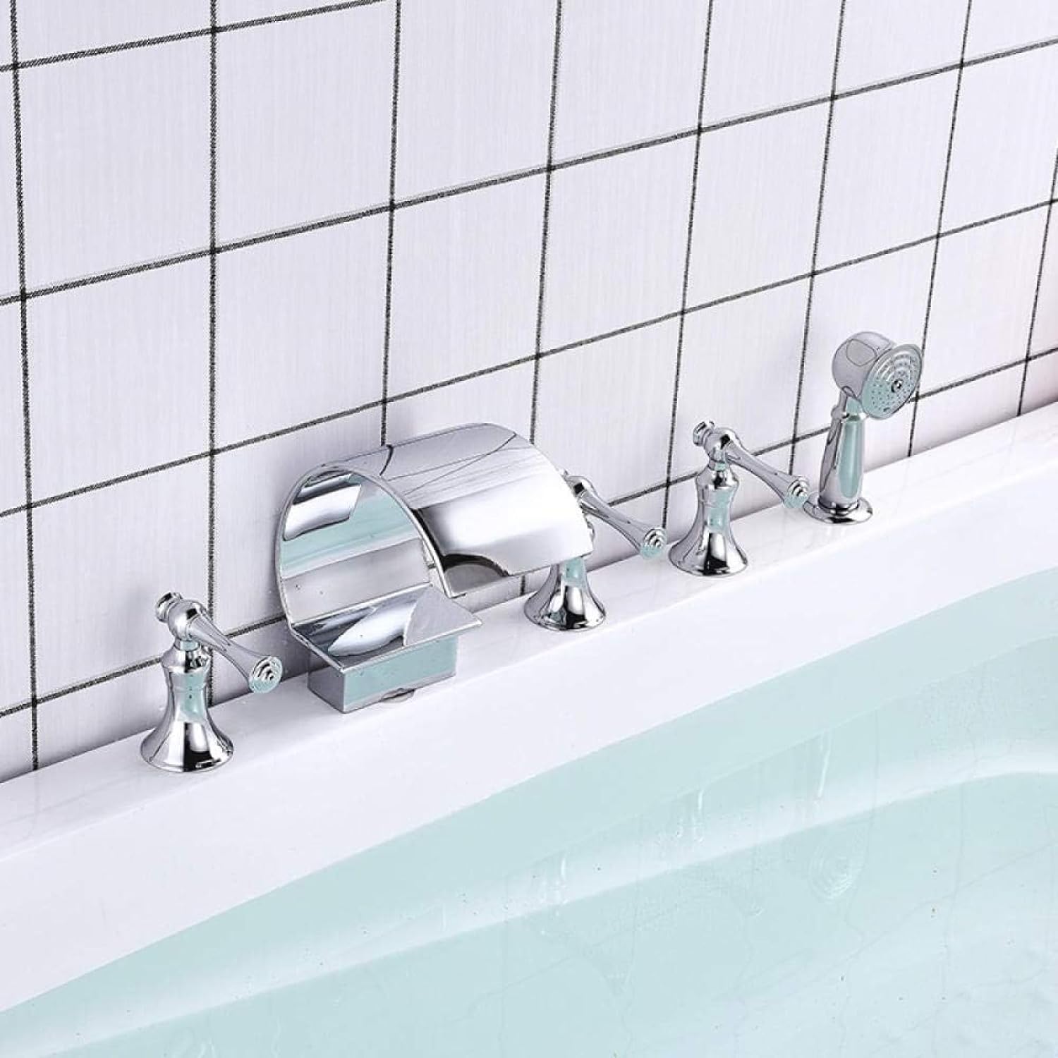 Sxithgkdw Faucet, Bathtub Faucet Mixer Basin Tap Wide Spout Waterfall Tub Bathroom Faucet Hot And Cold Water Mixer With Hand Shower Bath Faucet