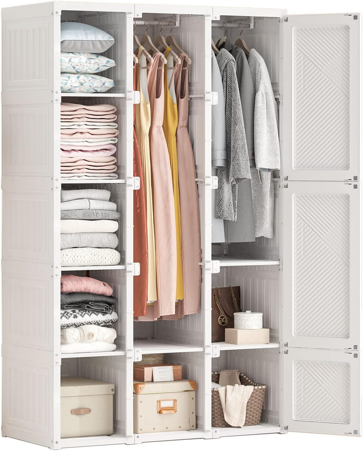 ANTBOX Portable Wardrobe Closet Storage Organizer for Clothes,Folding All-in-one Plastic Wardrobe with Magnetic Door and Easy Assembly 11 Doors-8 Cubes-2 Hanging Rod.
