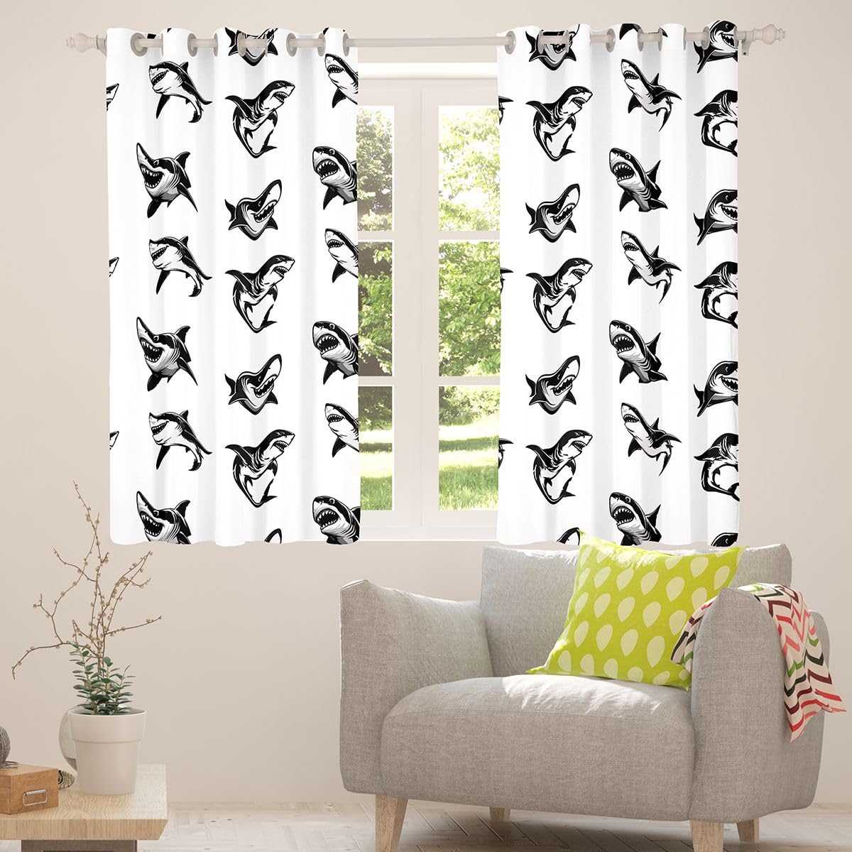 Homemissing Tende oscuranti con squalo in stile cartone animato, decorazione oceano, tende oscuranti per camera da letto, soggiorno, vita marina, isolamento termico, trattamenti per finestre