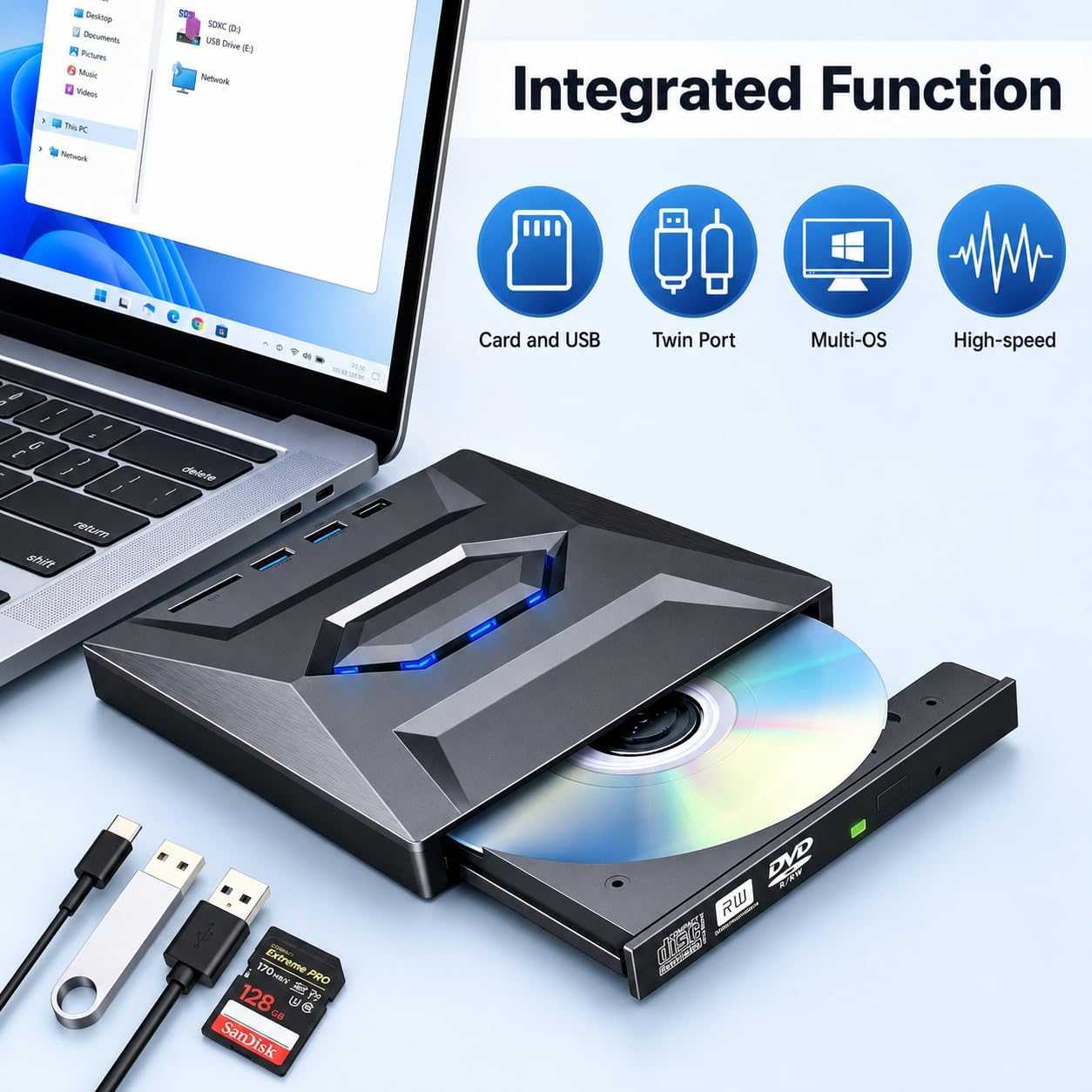 Lector CD Externo y Lector DVD Externo USB 3.0 USB C, Grabadora DVD Externa Portátil con Lector SD TF y 3 Puertos USB, Reproductor DVD para PC Laptop Mac Windows Linux