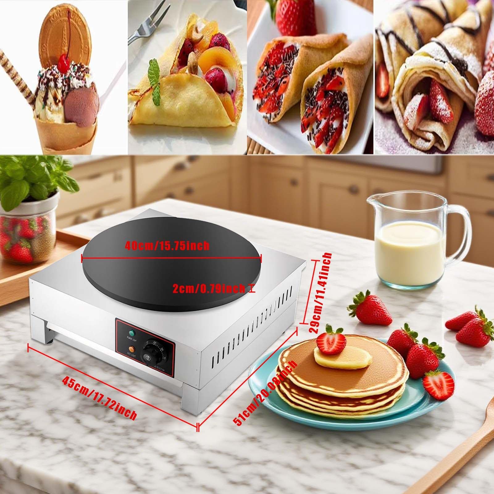 Crepera Redonda De 40 Cm -Plancha EléCtrica Para Panqueques Y Omelettes,Control Preciso De Temperatura Con Indicadores, Cuerpo De Acero Inoxidable + Placa De CoccióN De Hierro Fundido Single-head