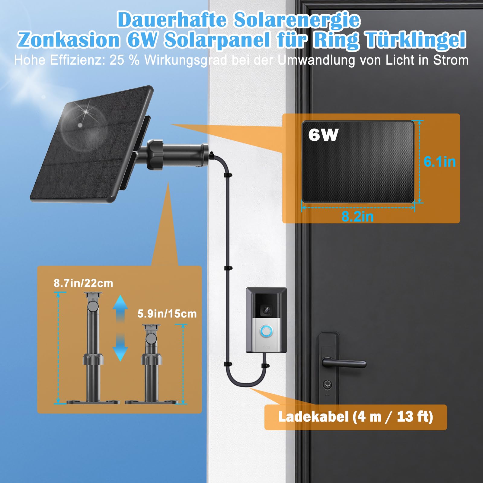 6W Solarladegerät für batteriebetriebene Ring-Türklingeln, 4m Ladekabel, Micro-USB & Type C & Gabel-Stromanschluss, IP66 wasserdicht
