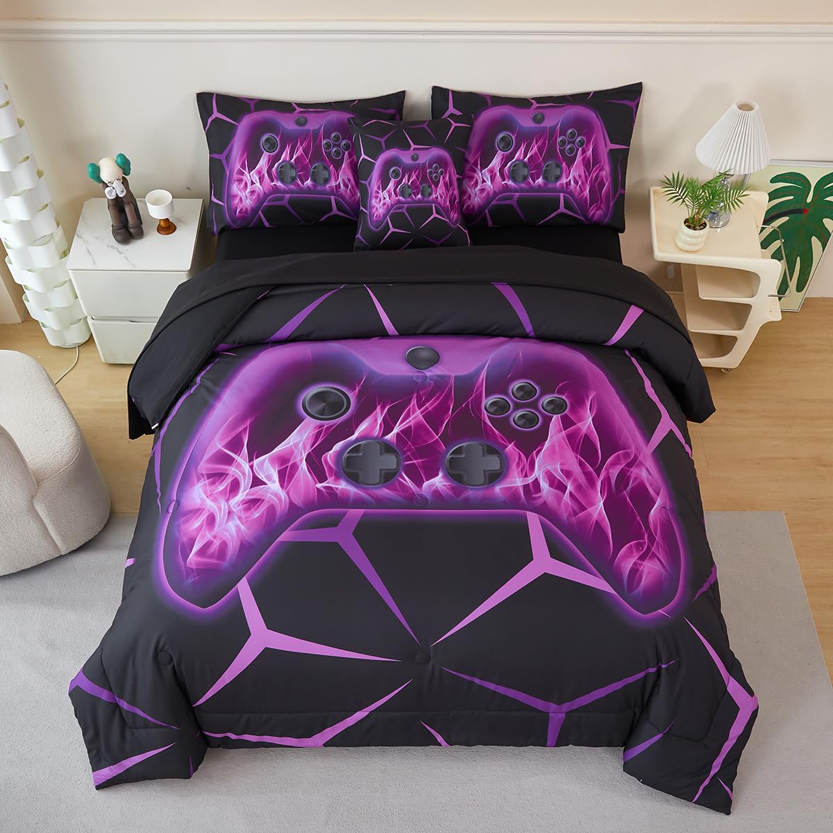 ZSYAYAHA Boys Comforter Set Twin 6 Pieces Gaming Bedding Set Black Purple Bed in A Bag Set Modern Video Games Bed Sets for Kids Bed Decor(Purple, Twin