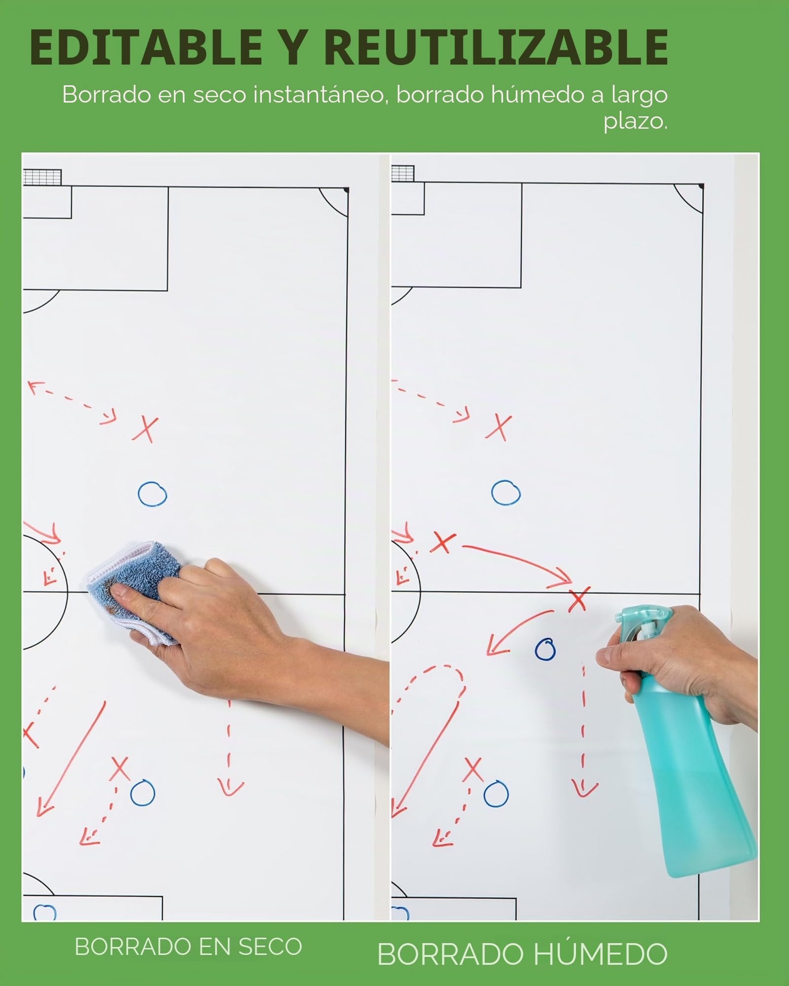Magique - Pizarra táctica de fútbol autoadhesiva - Lámina táctica estática de fútbol con 25 hojas y 2 rotuladores para pizarra incluidos, se puede limpiar y reescribir, adecuada para todas