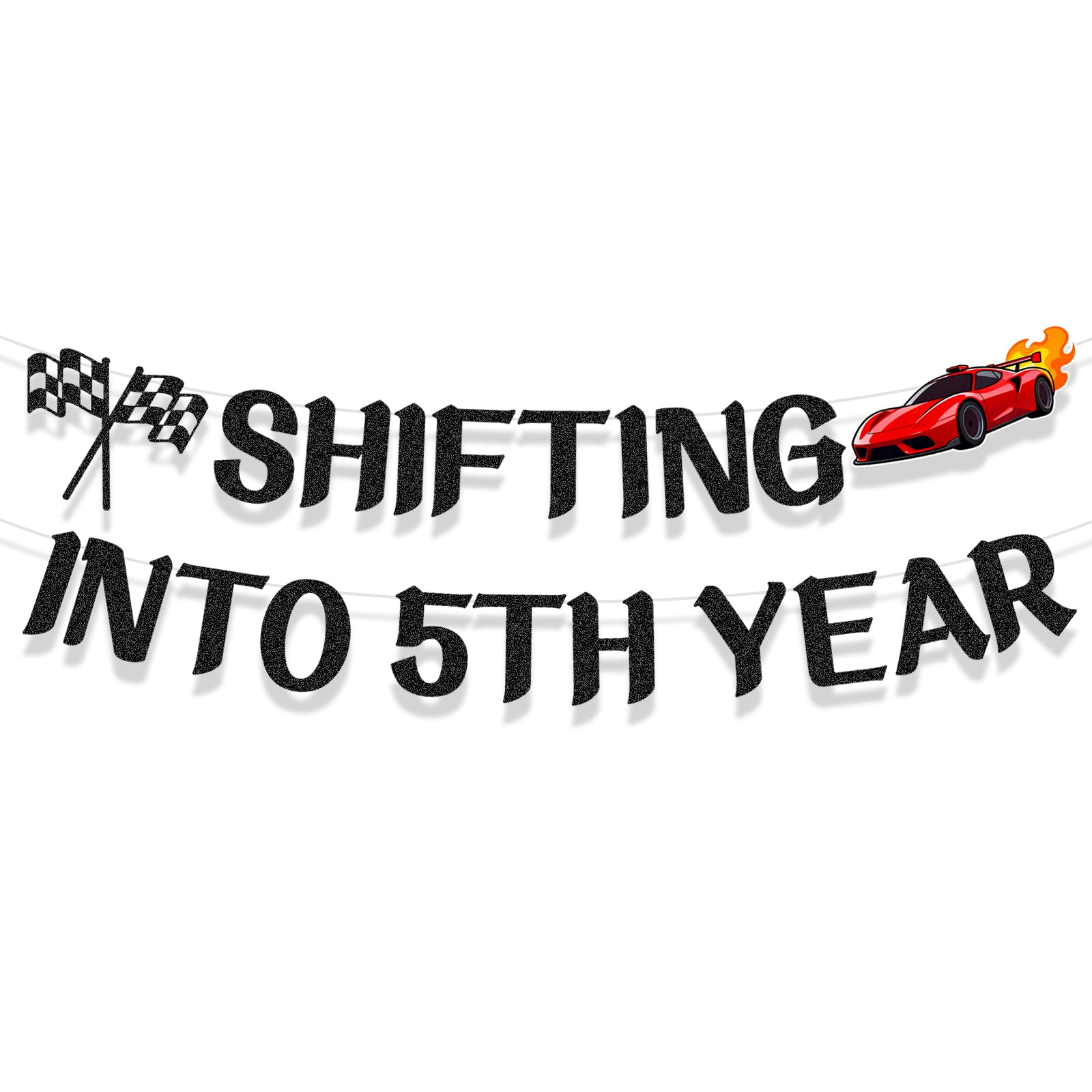 Flag Racing Cars Theme Fifth Birthday Banner, Shifting Into 5th Birthday Banner Decor Supplies for Boys, Cars Themed Birthday Party Decorations for Hanging Indoors & Outdoors
