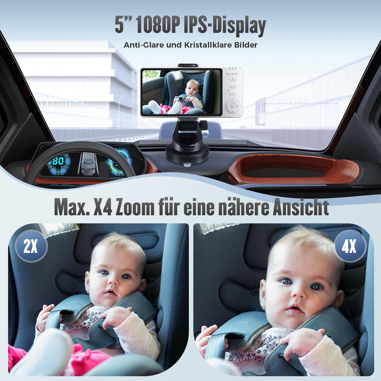 Baby Kamera Auto mit 5'' Display: HD Nachtsicht und Weitwinkel autospiegel Baby rücksitz USB Plug&Play Einfache Installation Ideal für Babyschalen