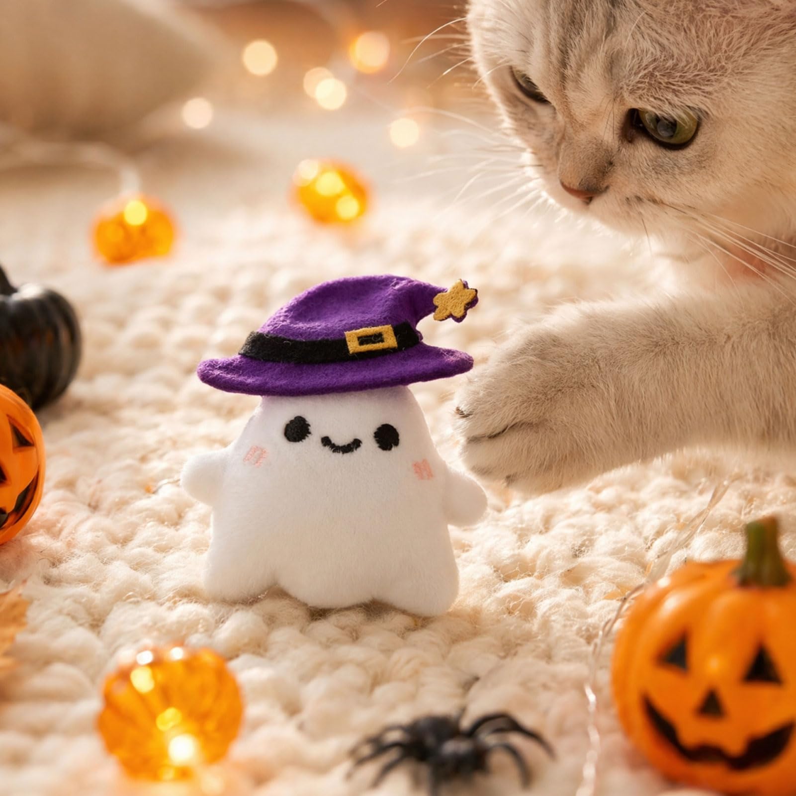 Lesuom Halloween Theme Cat Toy, Soft Ghost Bat Pumpkin Plush Toy, Cute Stuffed Cat Chew Toys for Indoor Cats Boredom Relief C