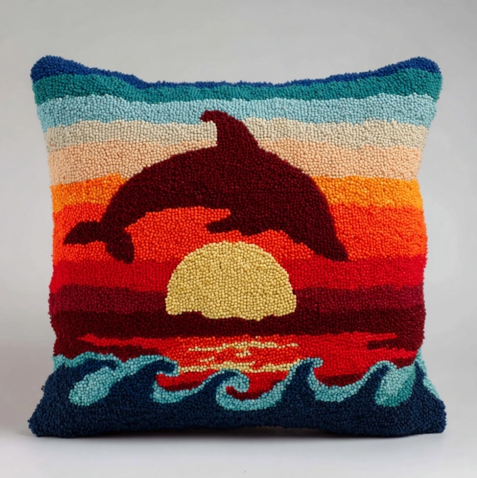 WallustrioaW Latch Hook Cushion Kit 43x43cm,Sunset Dolphins