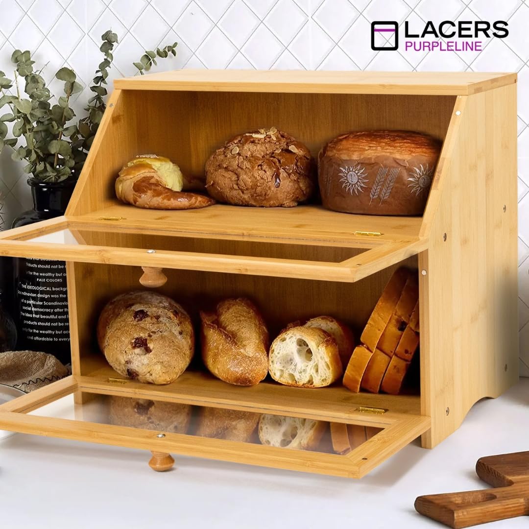 Lacers PURPLELINE Brotkasten aus Bambus mit 2 Etagen & Sichtfenster - Großer Brotbehälter für die Küche - Nachhaltige Brotbox zweistöckig zur Brot-Aufbewahrung, Holz-Brotkiste 39,5x25x32 cm