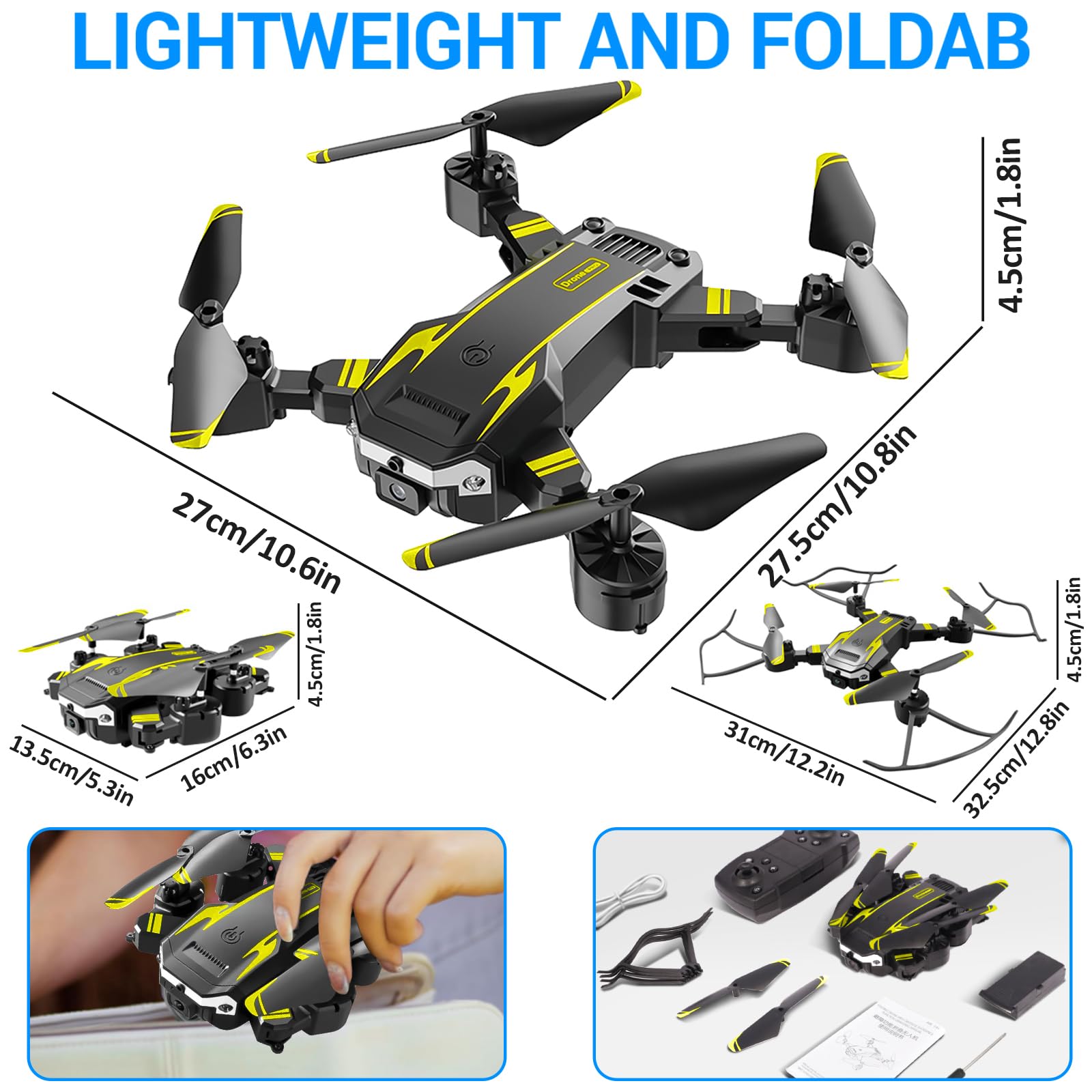 Drone con Doppia Camera HD per Principianti, Drone Pieghevole per Bambini, 3D Flip, Decollo/Atterraggio 1 Tasto, Modalità Headless, Volo a Waypoint, per Bambini o Novizi, 2 Batterie