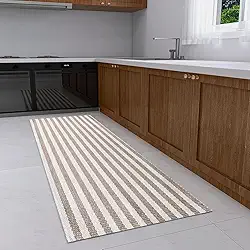 Tapete Passadeira de Cozinha Antiderrapante 2,00m x 0,45m Artesanal 100% Algodão Cru Natural Decoração Minimalista Listras Bege Caramelo para Quarto Banheiro