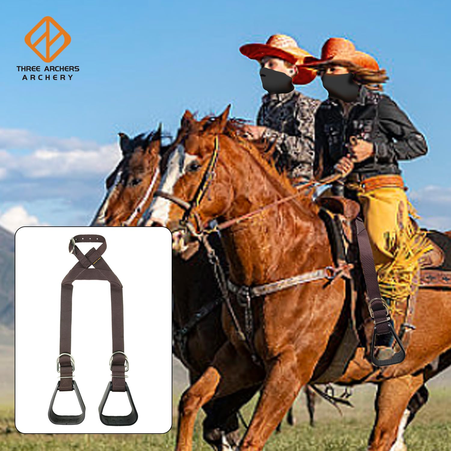 THREE ARCHERS Westlicher Sicherheitssteigbügel für Kinder – Robuste Steigbügelriemen mit Rutschfester Trittfläche | Langlebige Metall-Optik für den Reitsport
