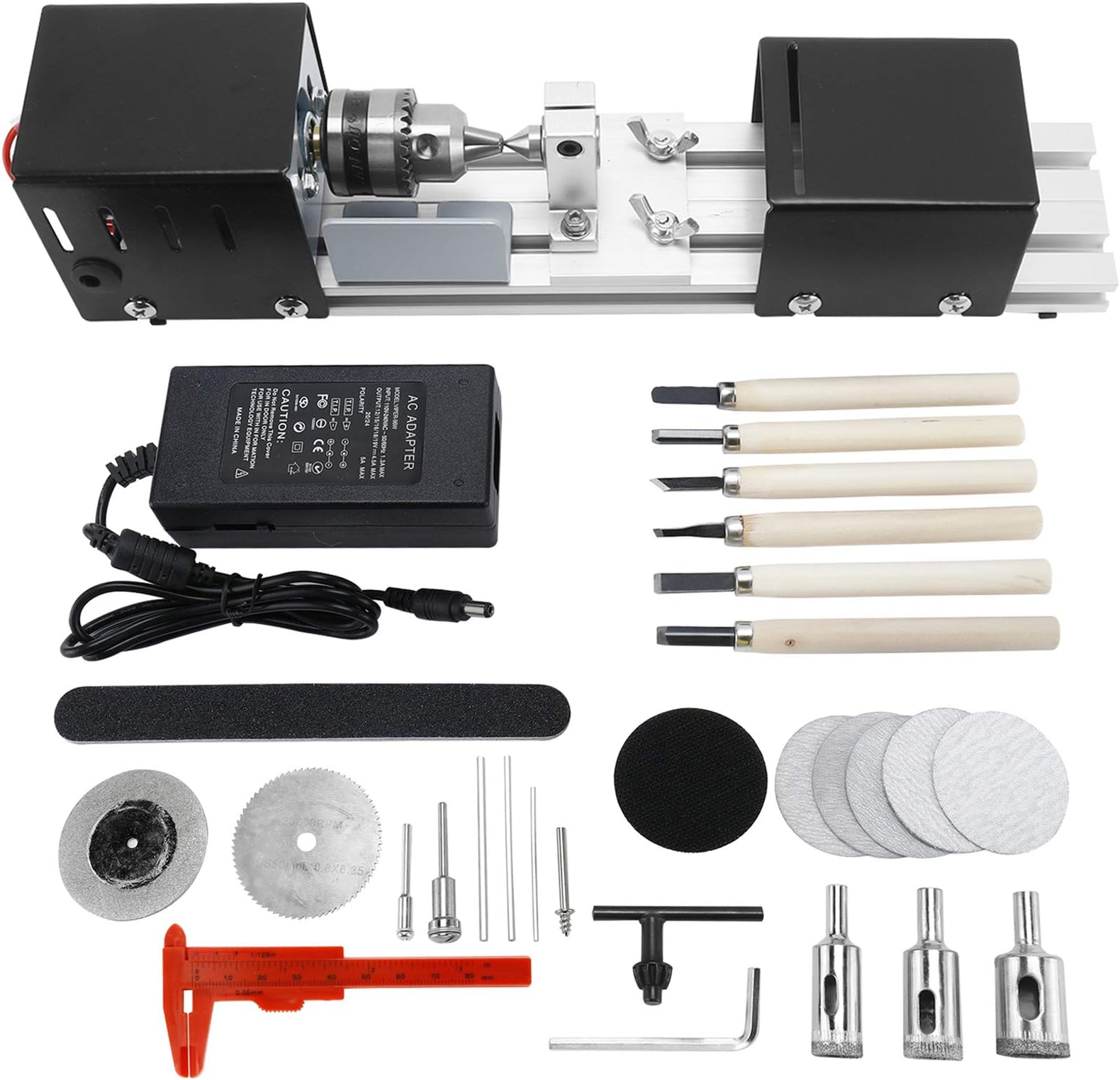 Mini CNC Lathe Machine Tool, Mini Lathe Beads Polisher Machine Kit, DIY Wood Lathe Milling Machine Grinding Polishing Beads Drill Rotary Tool Set, Grey