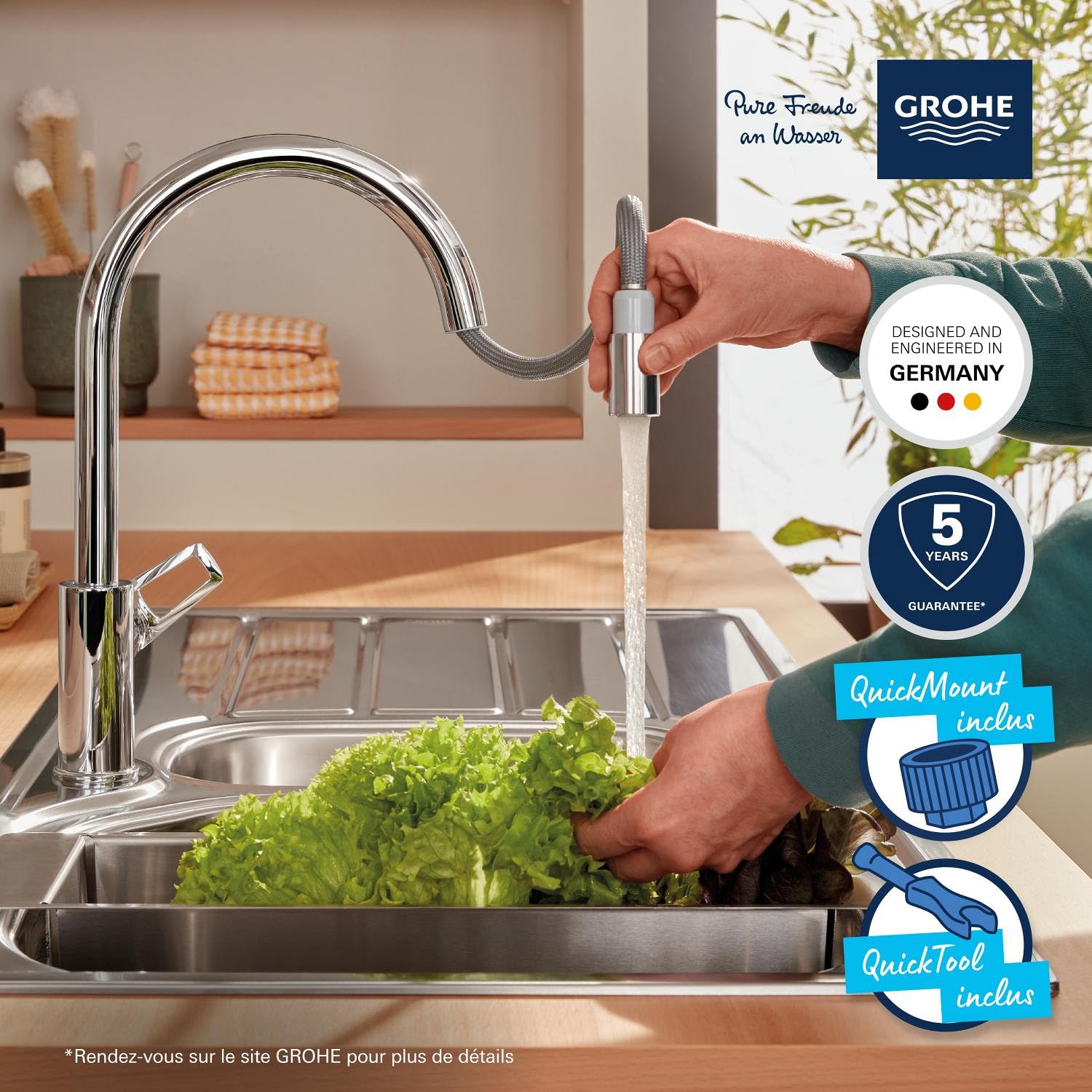 GROHE StartLoop Robinet de Cuisine, Mitigeur Monocommande Evier, Mousseur Extractible, Bec Haut, Zone de Rotation 360°, Chromé, 30556000