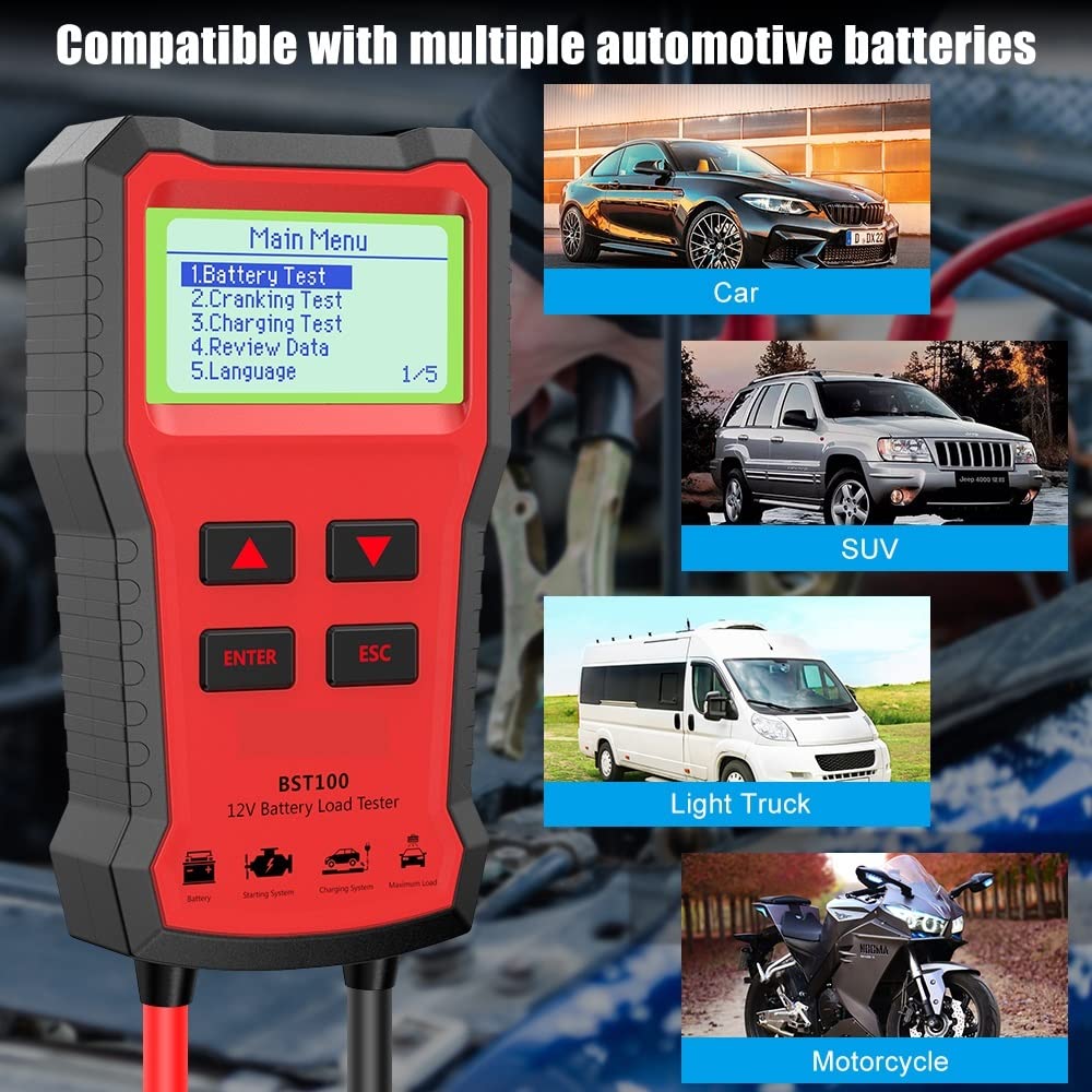 Comprobador de baterias, BST100 Probador de batería de coche 12V 220AH 200 0cca Herramienta de prueba de batería multilingüe for la prueba de carga de arranque rápido del automóvil