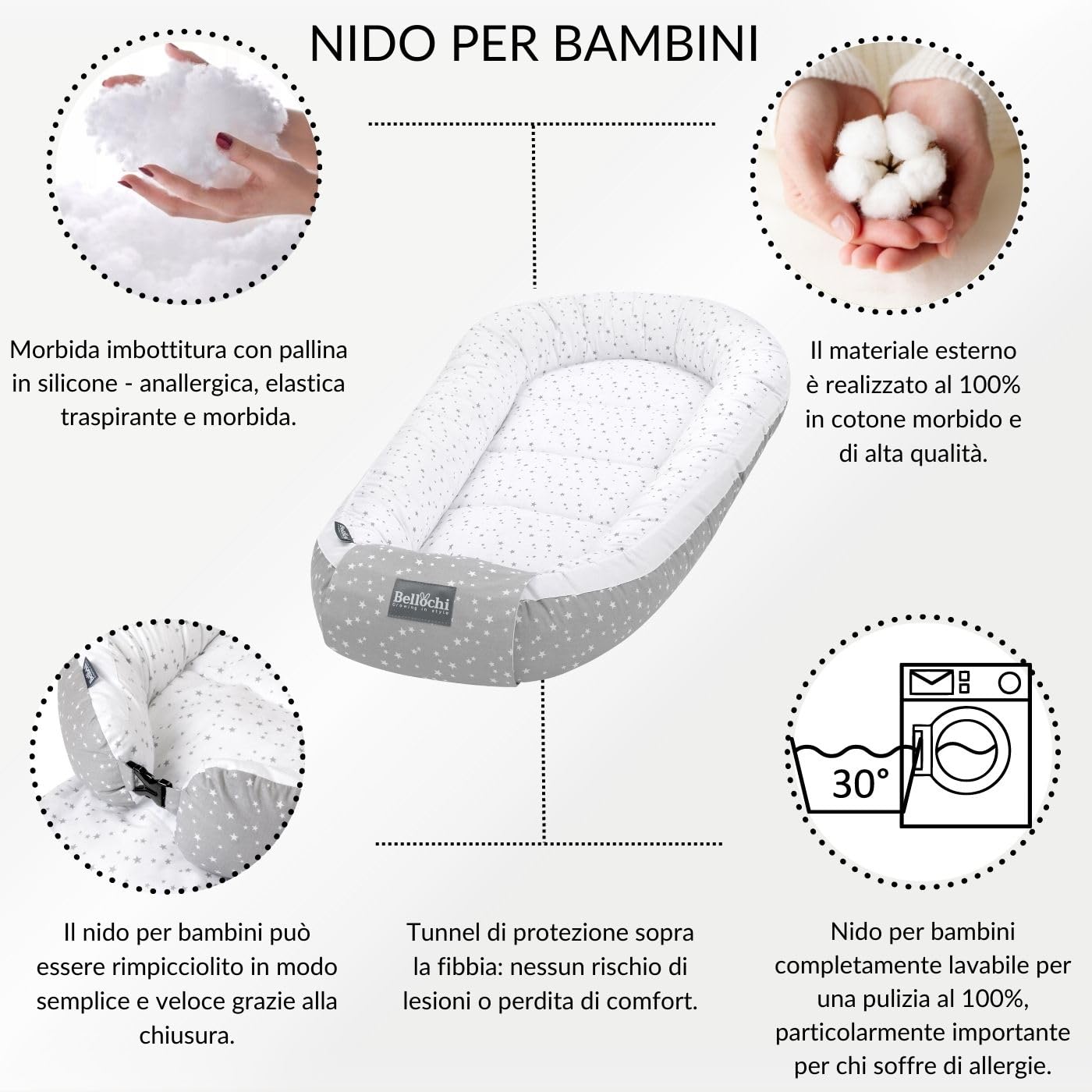 Bellochi Riduttore Lettino per Neonato, Riduttore per Culla - Antisoffoco, 100% Cotone - Cuscino Riduttore, Cocoon a Baby, Baby Nest - 90 x 60 cm - Polaris