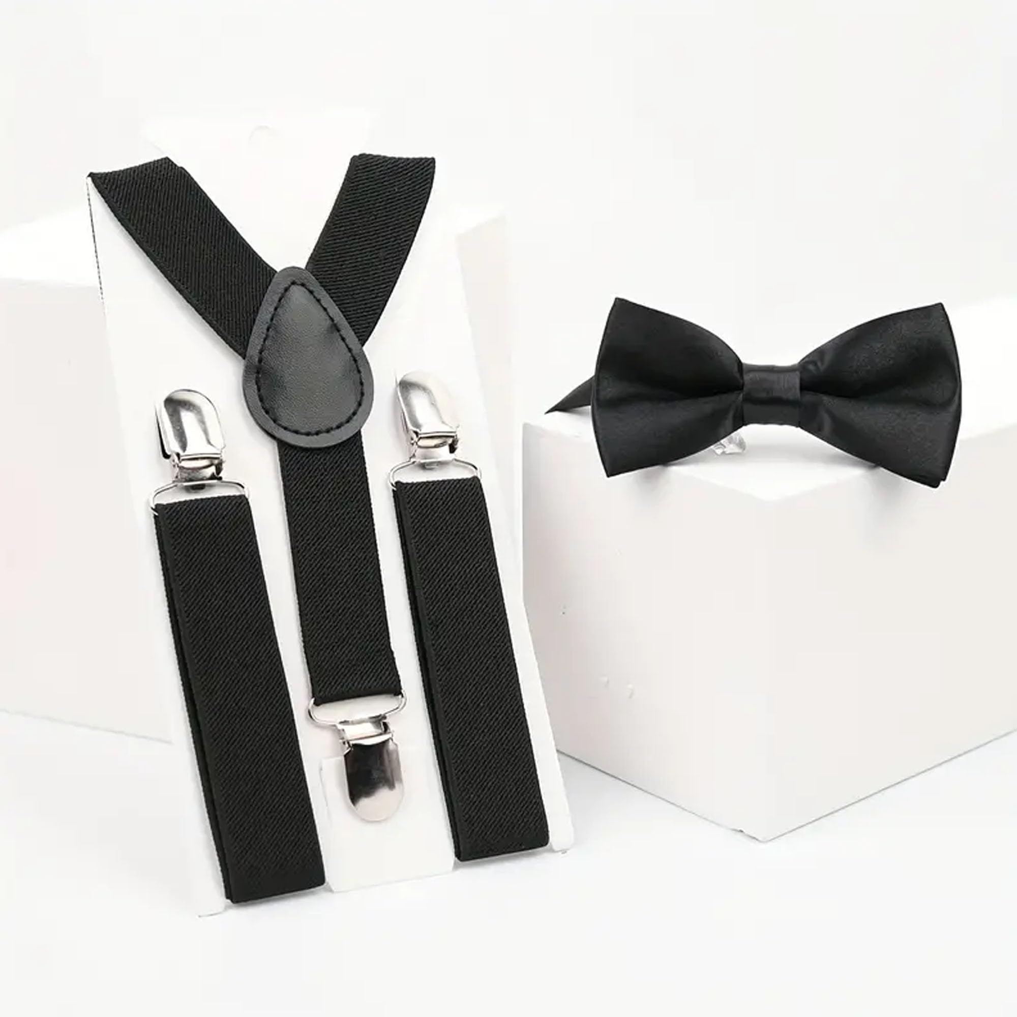 THE BOW TIE HOUSE Kids Formal Accessories Set, Beige Fedora Hat, Black Suspenders and Bow Tie, Ages 1-6 Years, Vintage Style 1