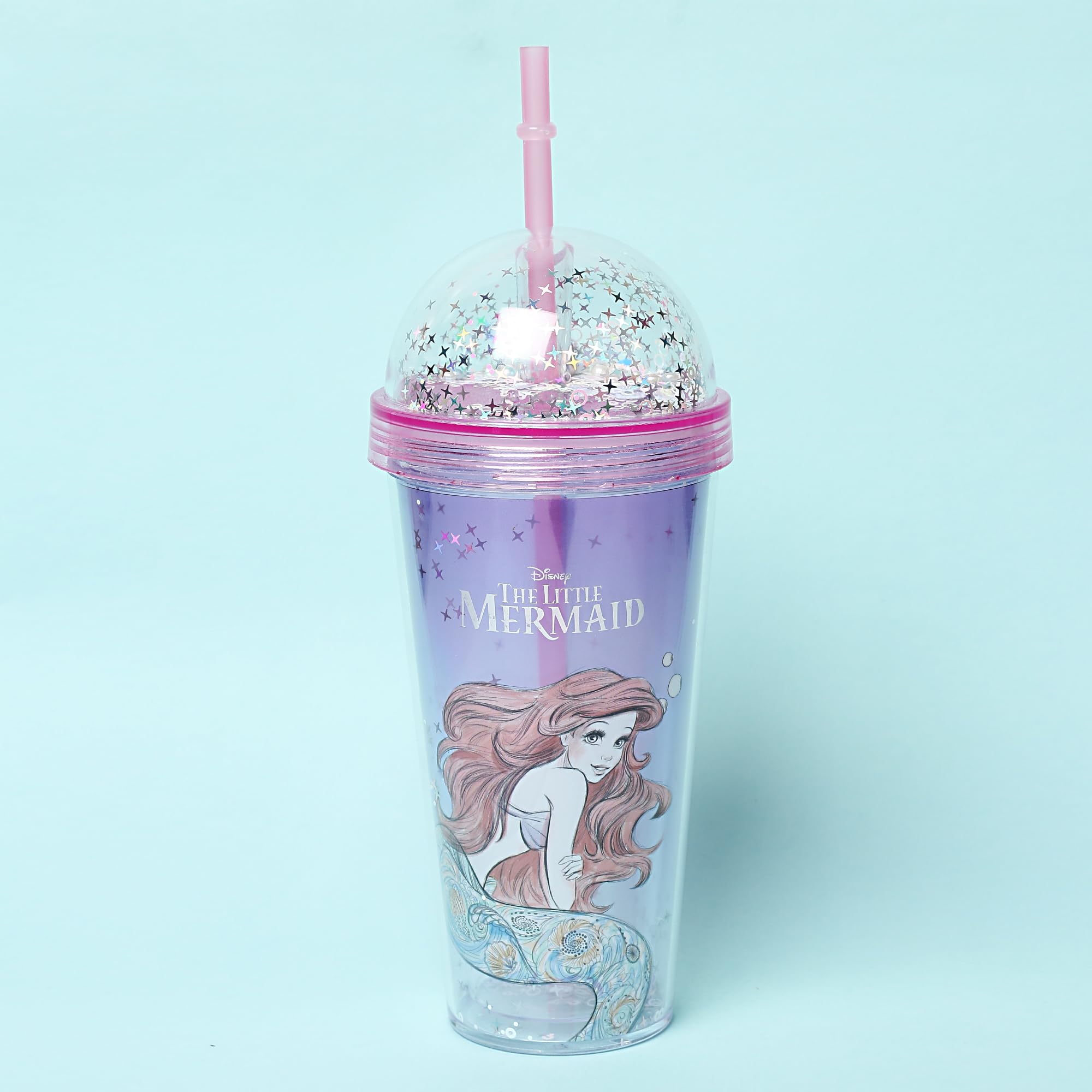 MINISO Water Bottle Disney The Little Mermaid Collection Double Wall Tumbler With Straw Plastic Cup 420Ml, Pink