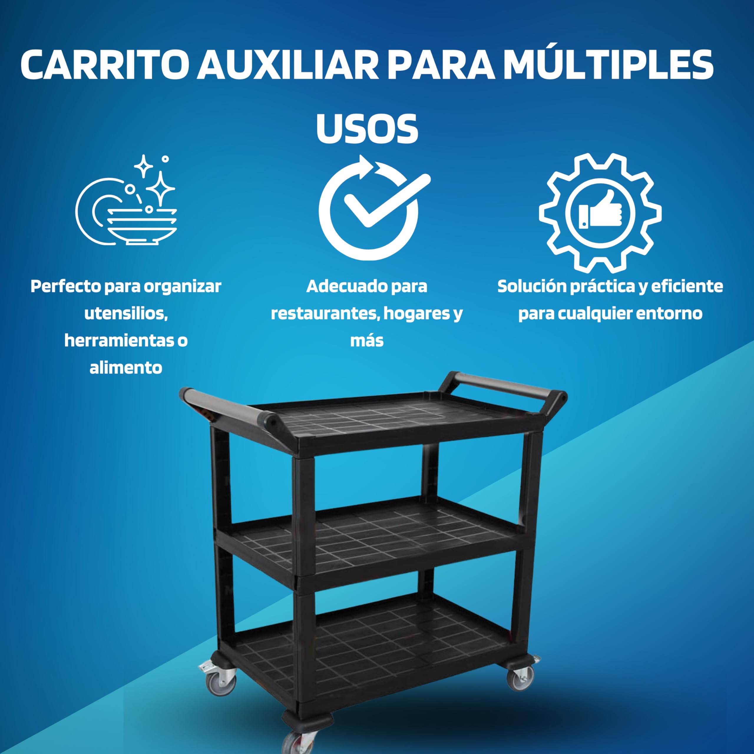Carro De Servicio De 3 Niveles - Carrito Auxiliar Con Ruedas Para Cocina, Hostelería Y Hogar - Capacidad De Carga De 70 Kg Por Estante, Fácil Limpieza, Montaje Rápido, Material Resistente De Polipropi
