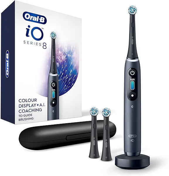 Oral-B iO Series 8 Electric Toothbrush with 2 Replacement Brush Heads and Travel Case, Rechargeable Toothbrush, Black Onyx
