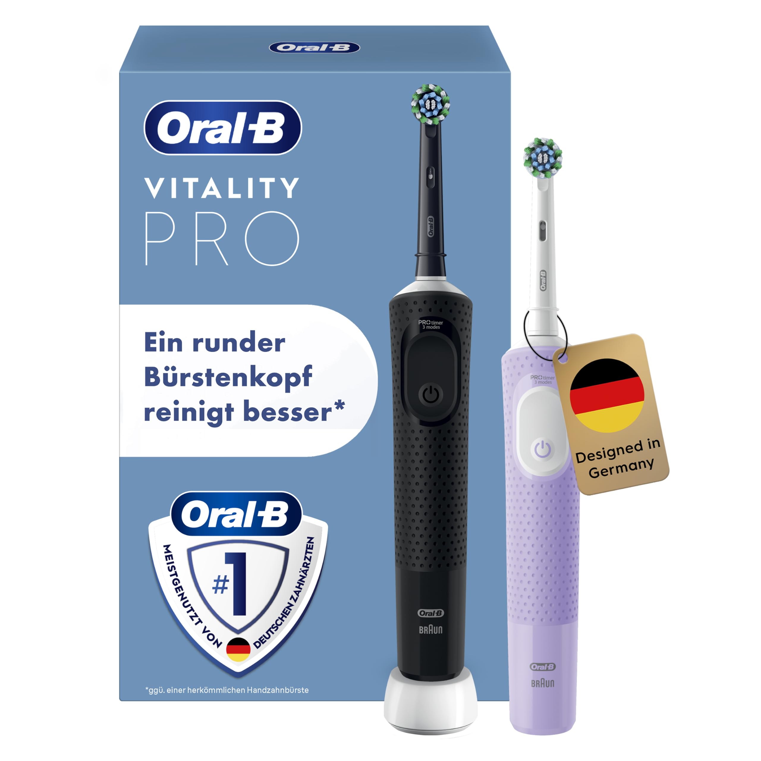 Oral-B Vitality Pro Elektrische Zahnbürste, Doppelpack, Schwarz/Lila | Inkl. 2 Aufsteckbürsten, Electric Toothbrush mit 3 Putzmodi für Zahnpflege