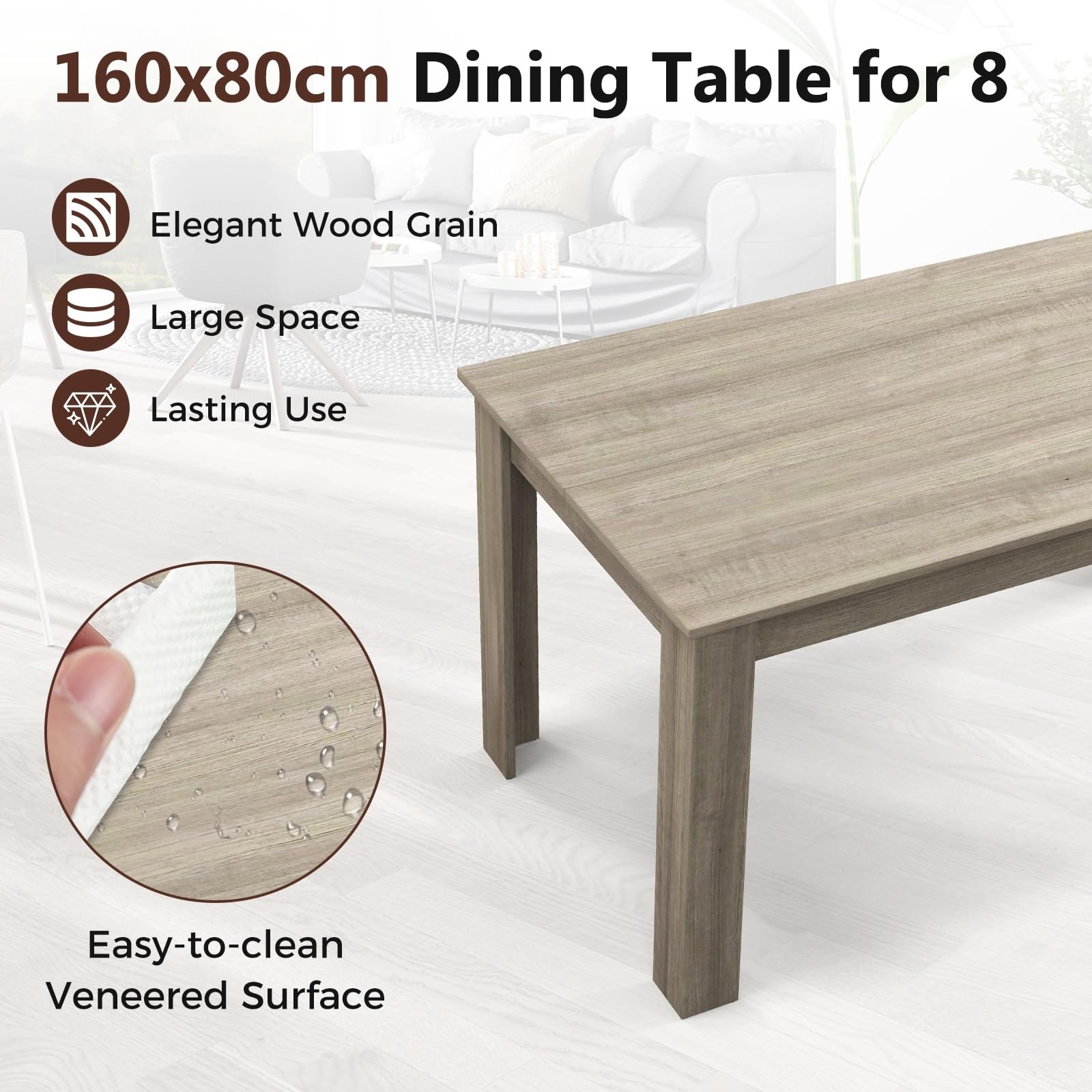 GIANTEX Tavolo da Pranzo da 160 cm per 8 Persone, Tavolo da Pranzo Fisso con Robuste Gambe a L, Tavolo Moderno per Cucina e Sala da Pranzo, Nero (Grigio)