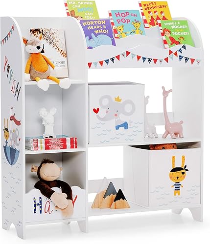 Miniatura 9 de Costzon Organizador de juguetes y libros para niños, armario de almacenamiento de madera con 5 estantes, 2 cajas y 3 ranuras, perfecto para sala de