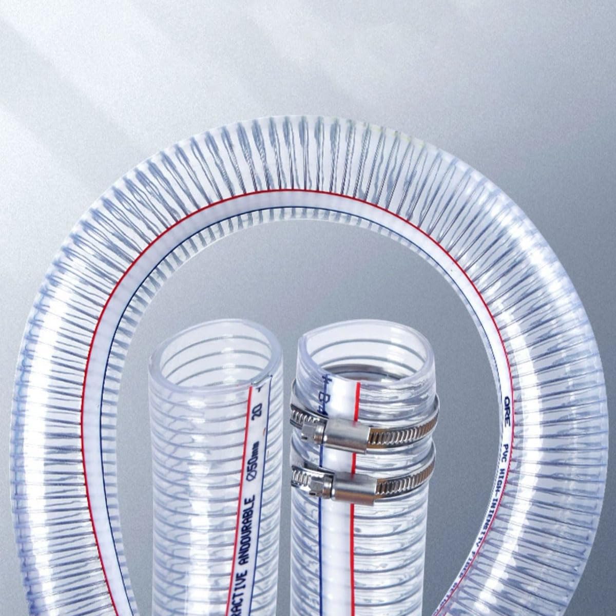Manguera de alambre acero PVC | Tubería resistente de 28 mm x (2,5-3,5 mm) for drenaje, riego y uso industrial: transparente