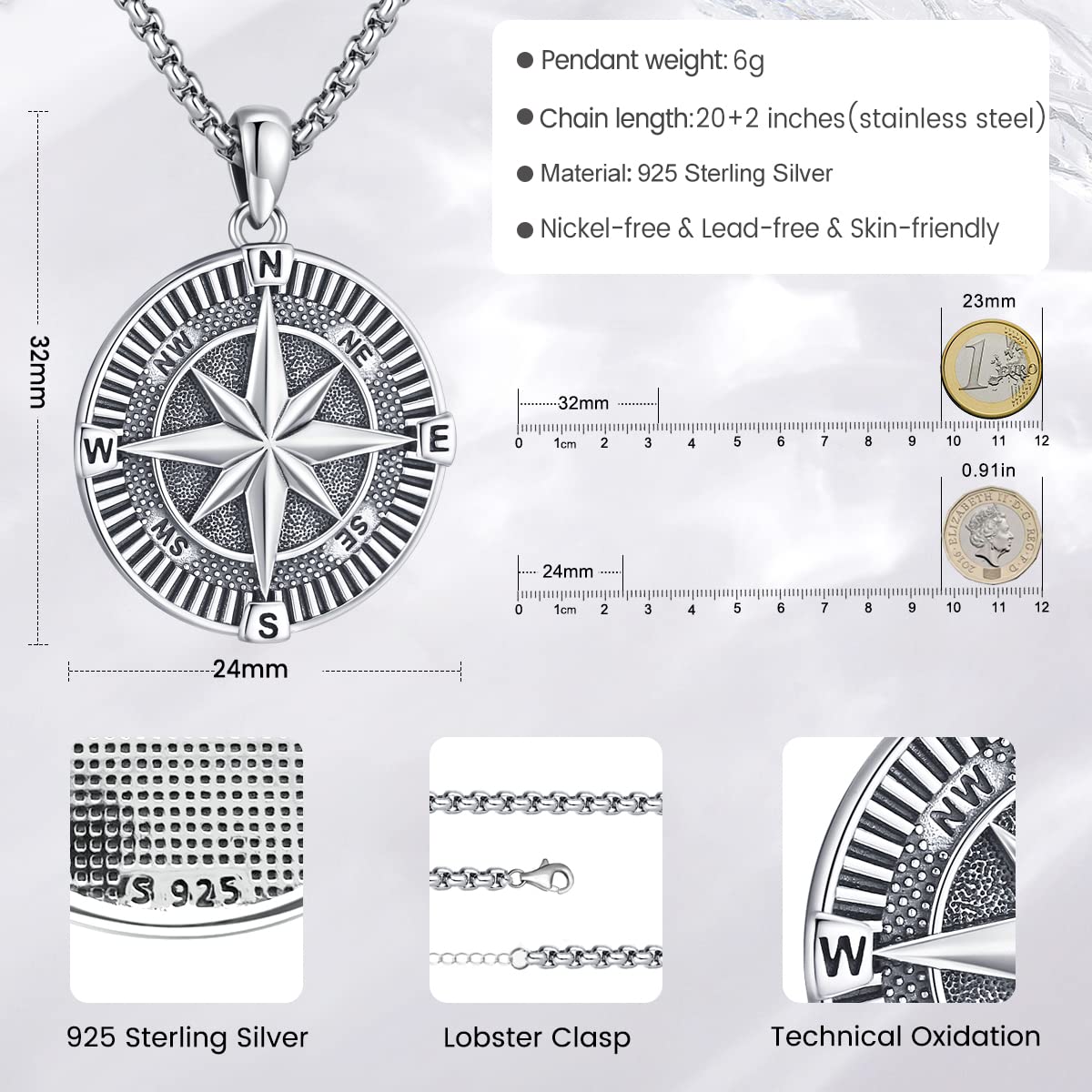 Eusense Brújula Collar 925 Plata de Ley Brújula Colgante Cadena Graduación Regalo Joyería para Hombre Mujer Día de la madre