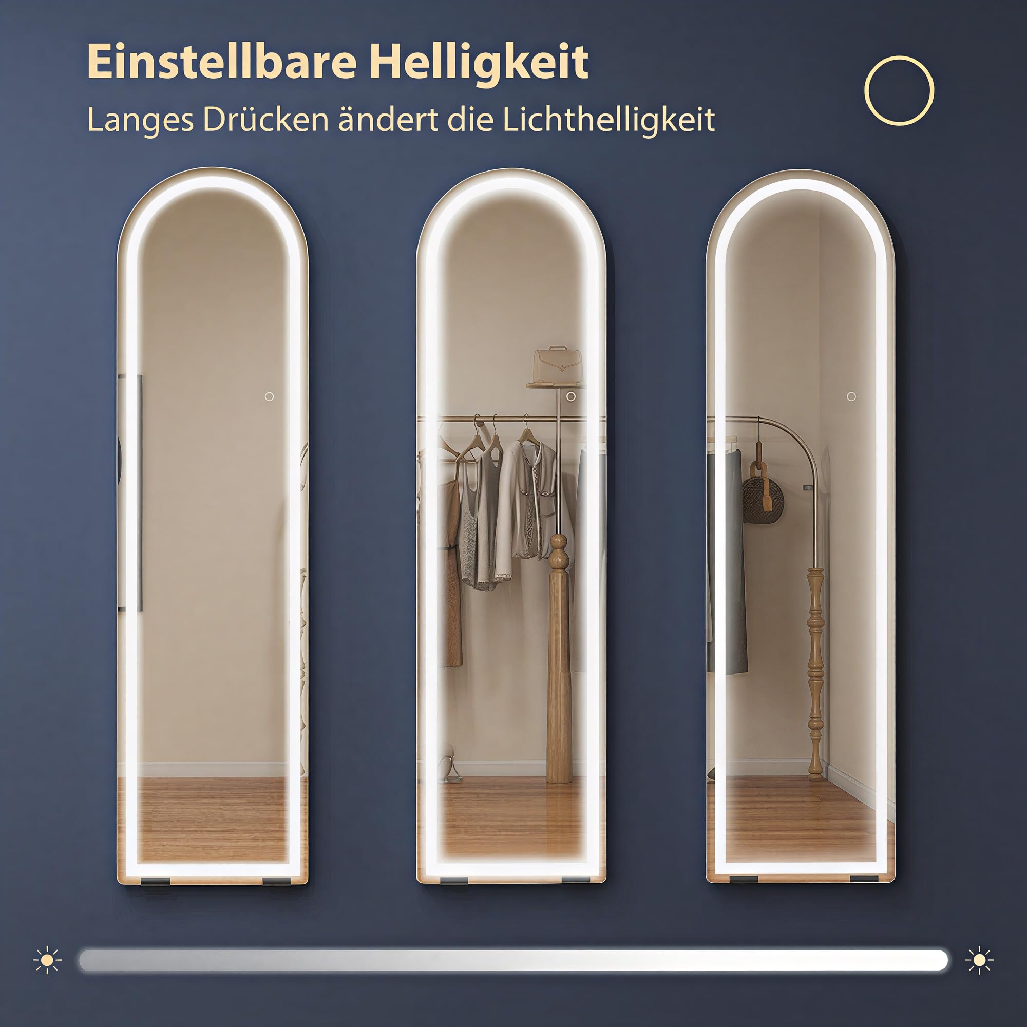 HOMCOM Ganzkörperspiegel mit Beleuchtung 150 x 40 cm Großer Bodenspiegel mit dimmbaren LEDs, 3 Lichtfarben, Memory-Funktion, gewölbt, zum Hängen oder Anlehnen an die Wand, für Schlafzimmer, Weiß