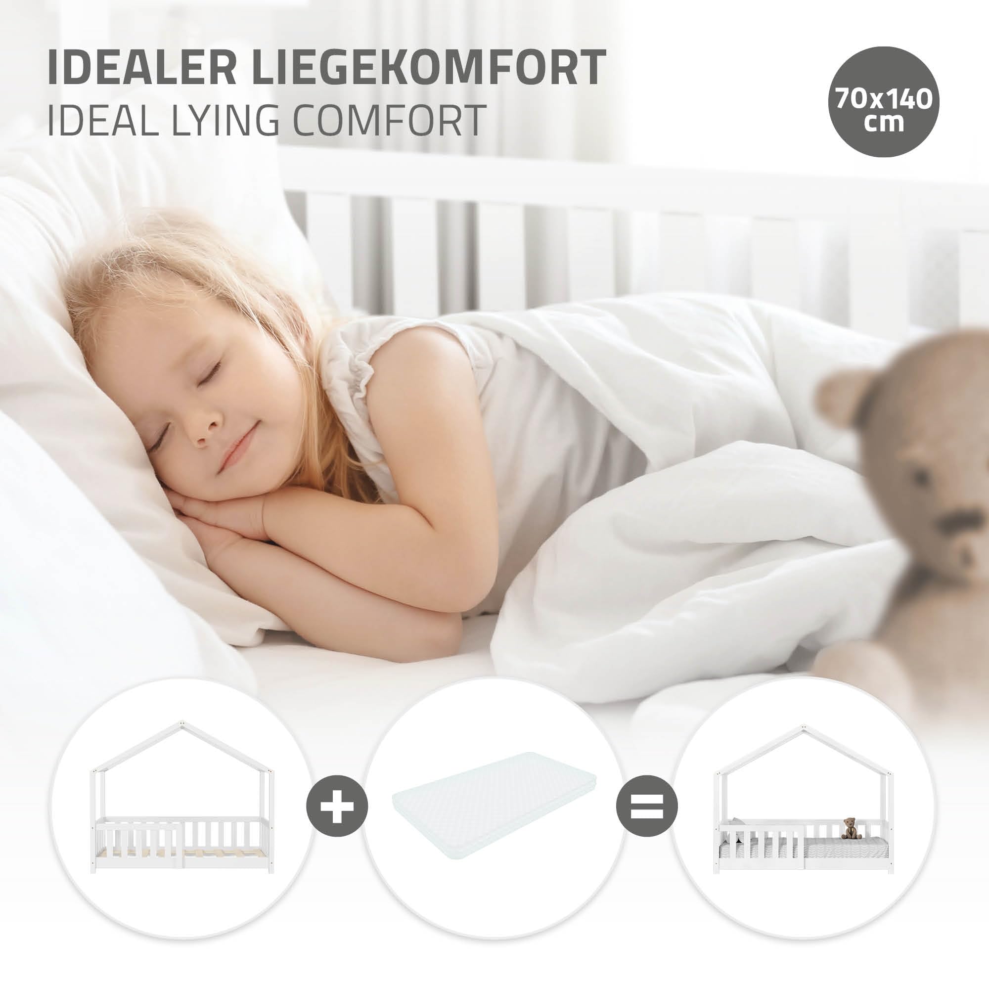 ML-Design Kinderbett Hausbett 70x140 cm Weiß, Holzbett mit Rausfallschutz, Lattenrost und Dach, Spielbett aus massivem Kiefernholz für Kinder, Montessori Bodenbett Bettgestell Bettenhaus Juniorbett