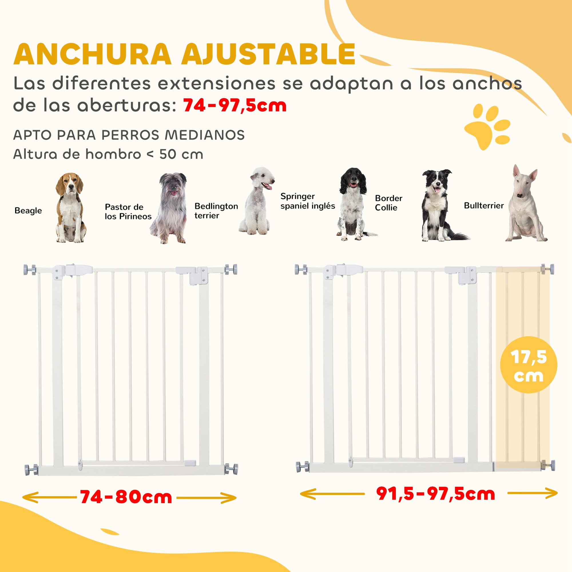 Pawhut - Barrera de Seguridad metálica para Puertas y escaleras con extensión de 17,5 cm, Sistema de Cierre automático 74,5-84,5 x 76,2 cm, Color Blanco