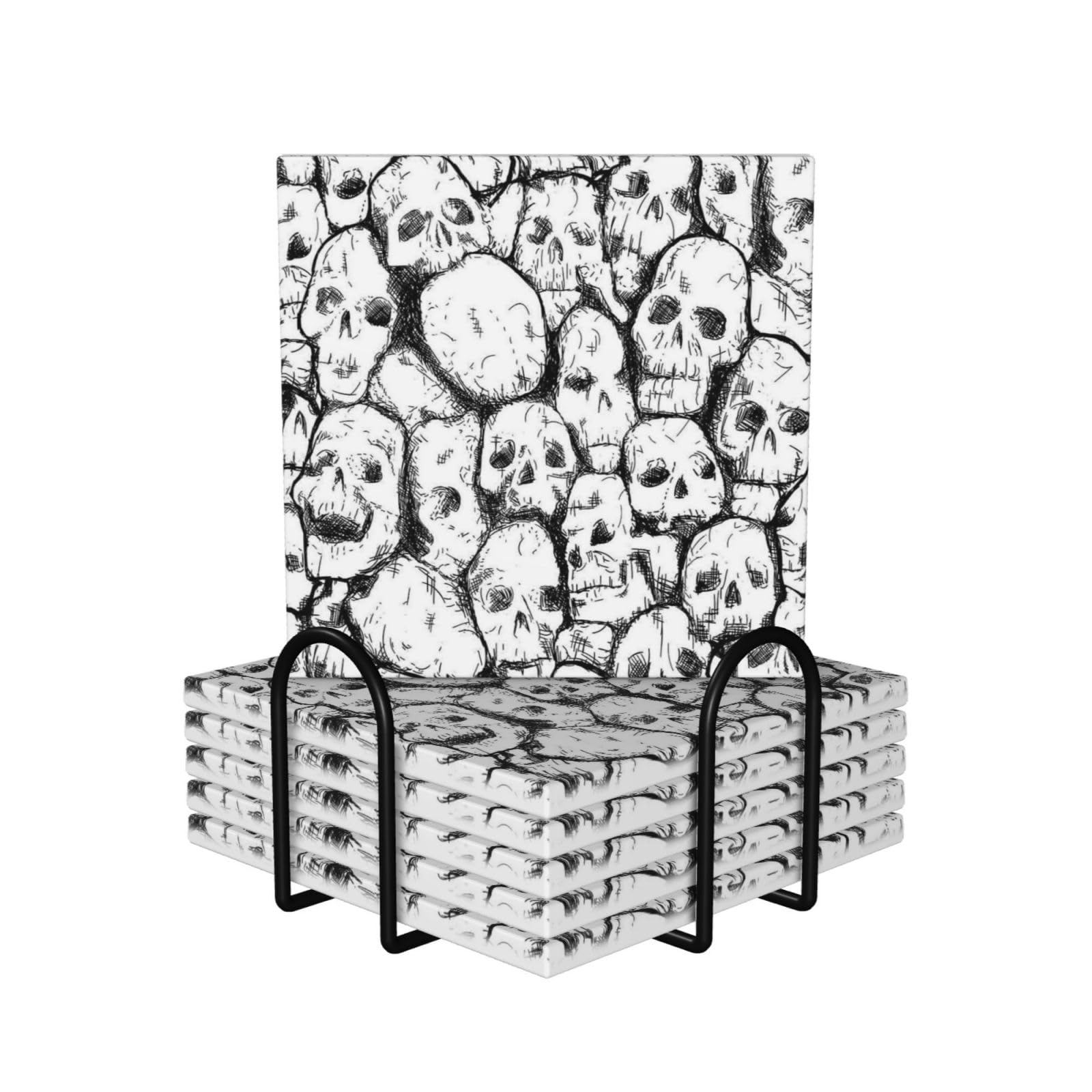 Drink Coasters with Holder Absorbent Coaster Sets of 6 Textura Calaveras Print Ceramic Coaster with Cork Base Non-Slip Cup Mat Table Coaster Set