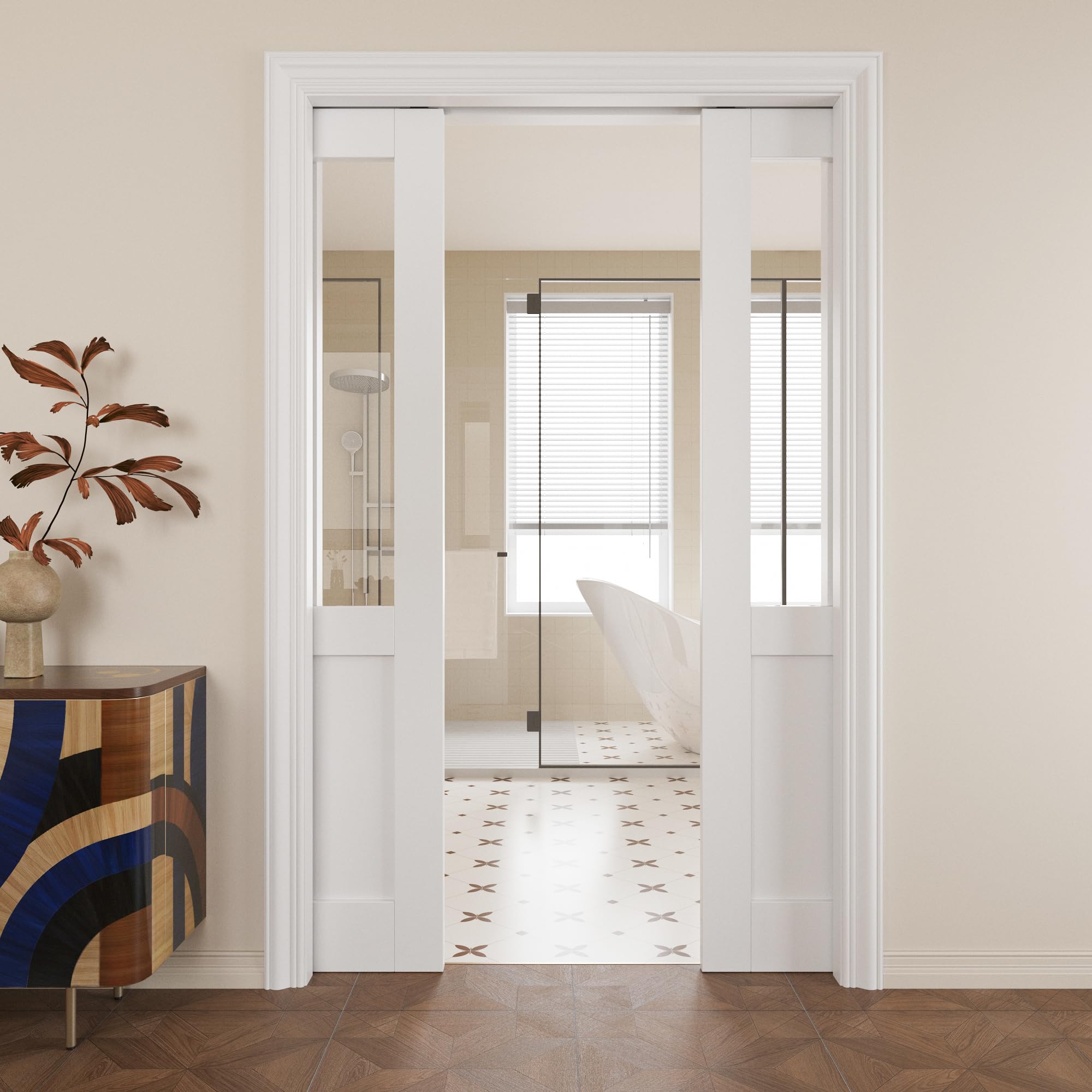 Pocket Door,Half-Lite Clear Glass Doors,Solid Door,48x80 Door