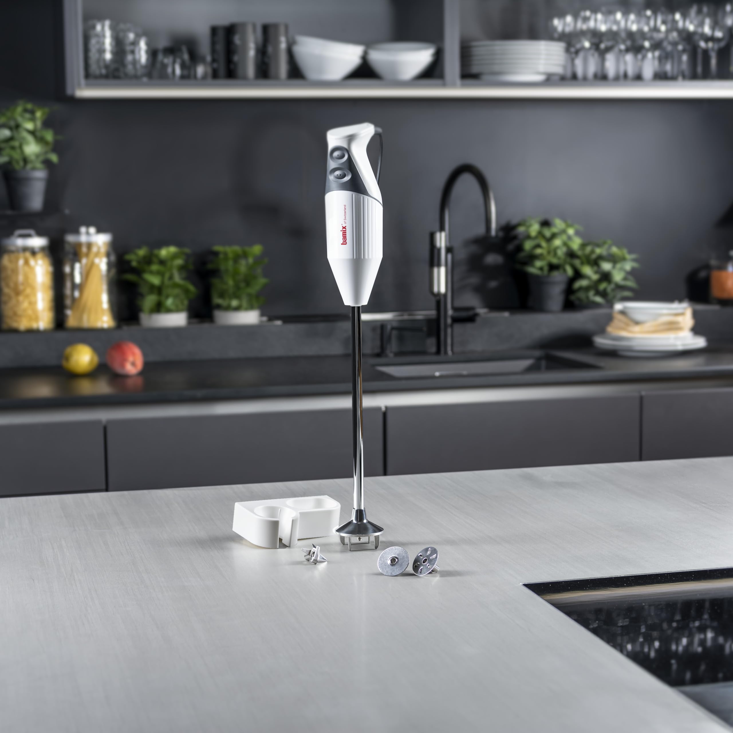 bamix Set frullatore a immersione G350 GASTRO PRO-3 incl. lama multiuso, frusta e disco fisso, supporto, 300 watt, 2 velocità, acciaio inox, Made in Switzerland, bianco/grigio chiaro
