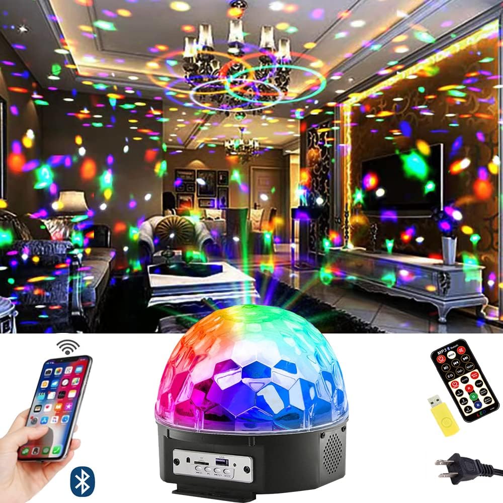 Bluetooth Disco Ball Lights, 9 Colors LED Party Lights DJ Sound Activated Rotating Lights Wireless Phone Connection with Bluetooth Speaker MP3 Play and Remote for Home KTV Wedding Dance Show